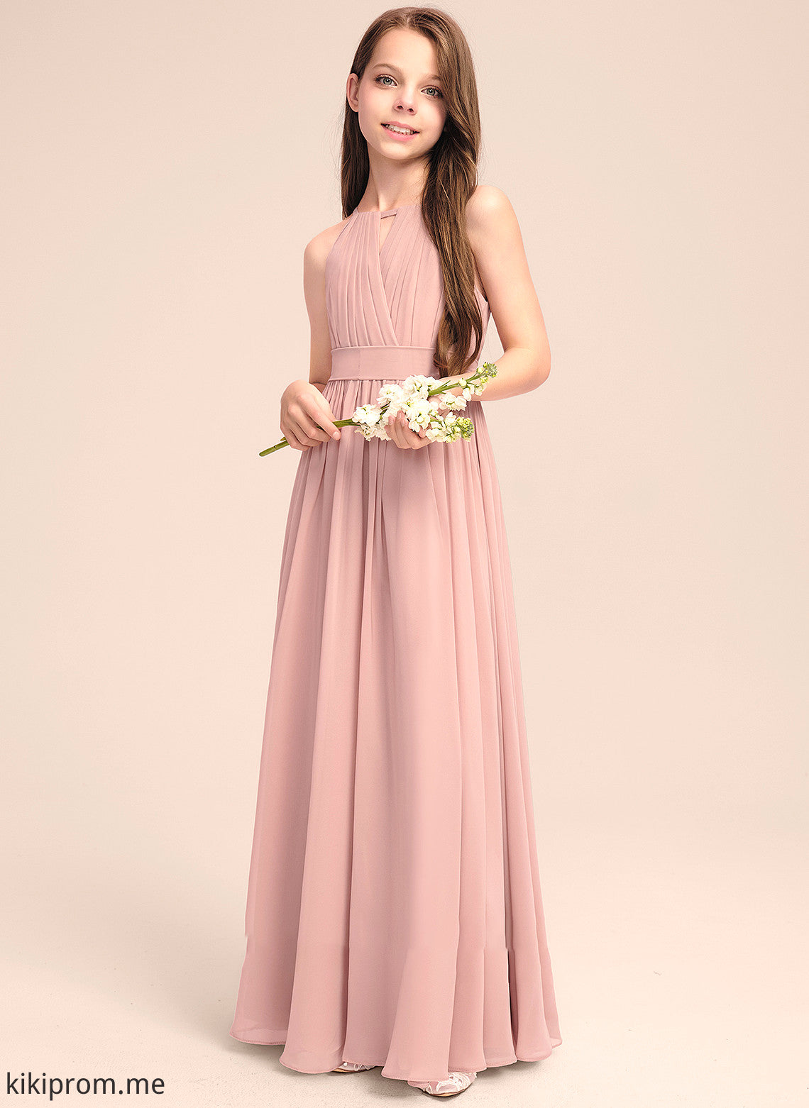 With Junior Bridesmaid Dresses Bow(s) Ruffle Chiffon Neck A-Line Ariel Floor-Length Scoop