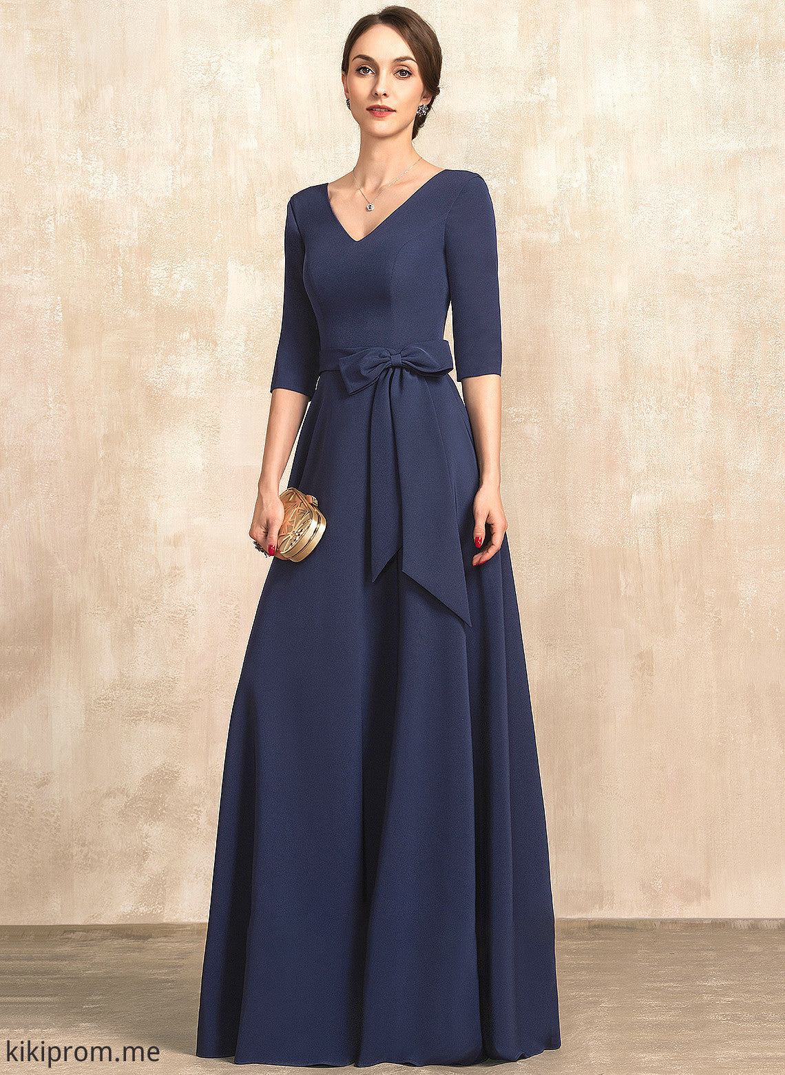 Crepe Bride Dress of With Hadley the Mother of the Bride Dresses Bow(s) Floor-Length Stretch Mother A-Line V-neck