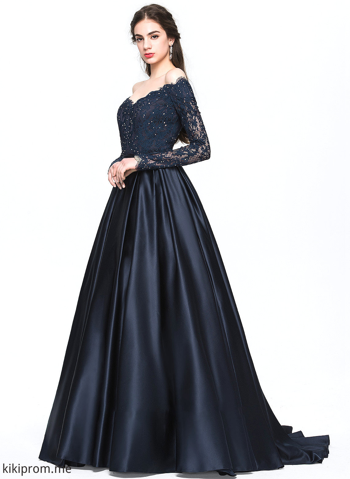 With Prom Dresses Beading Satin Train Ball-Gown/Princess Averie Off-the-Shoulder Sweep