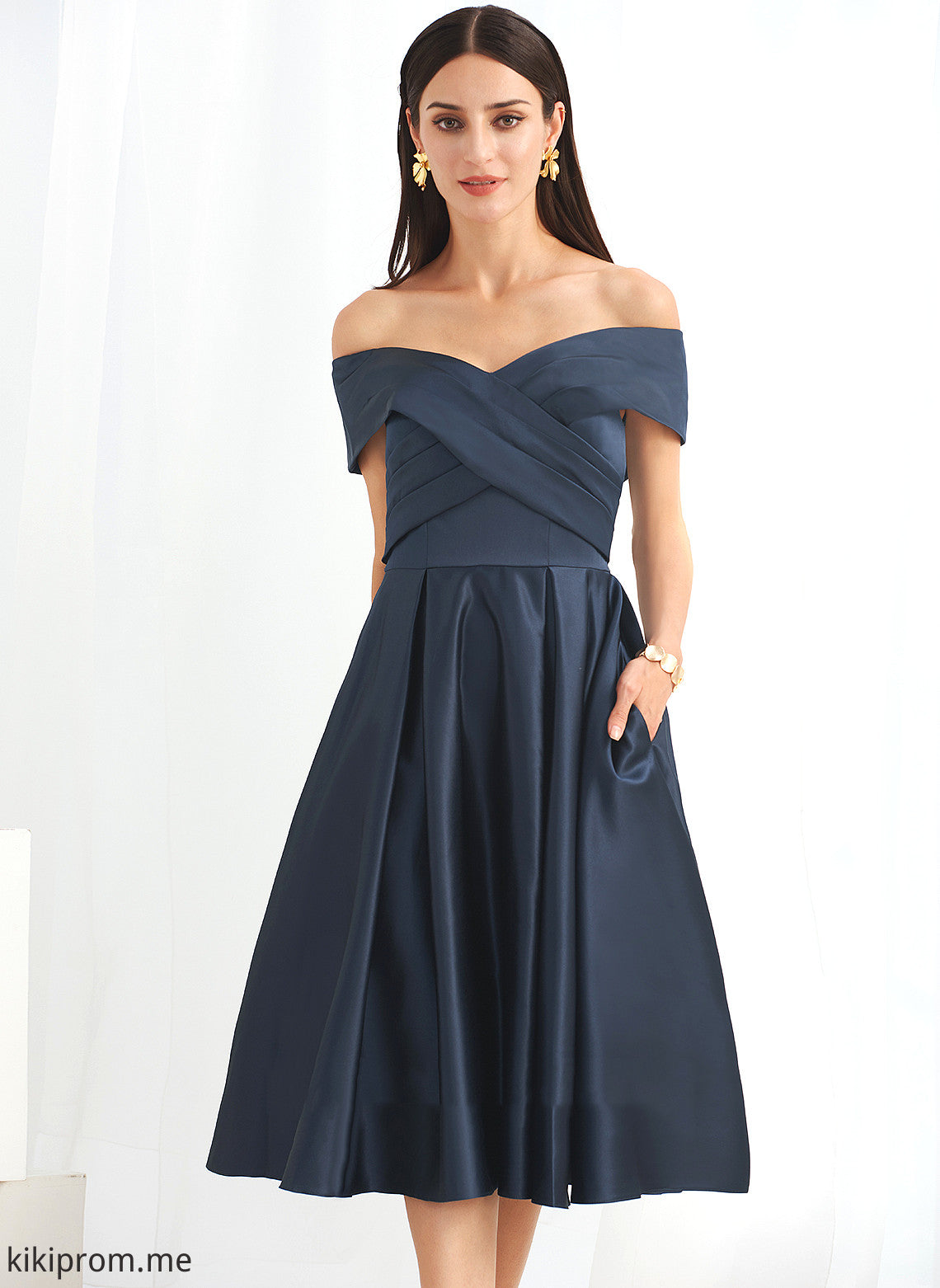 With Cocktail Dresses Off-the-Shoulder Satin Cocktail Rachael A-Line Knee-Length Dress Pockets