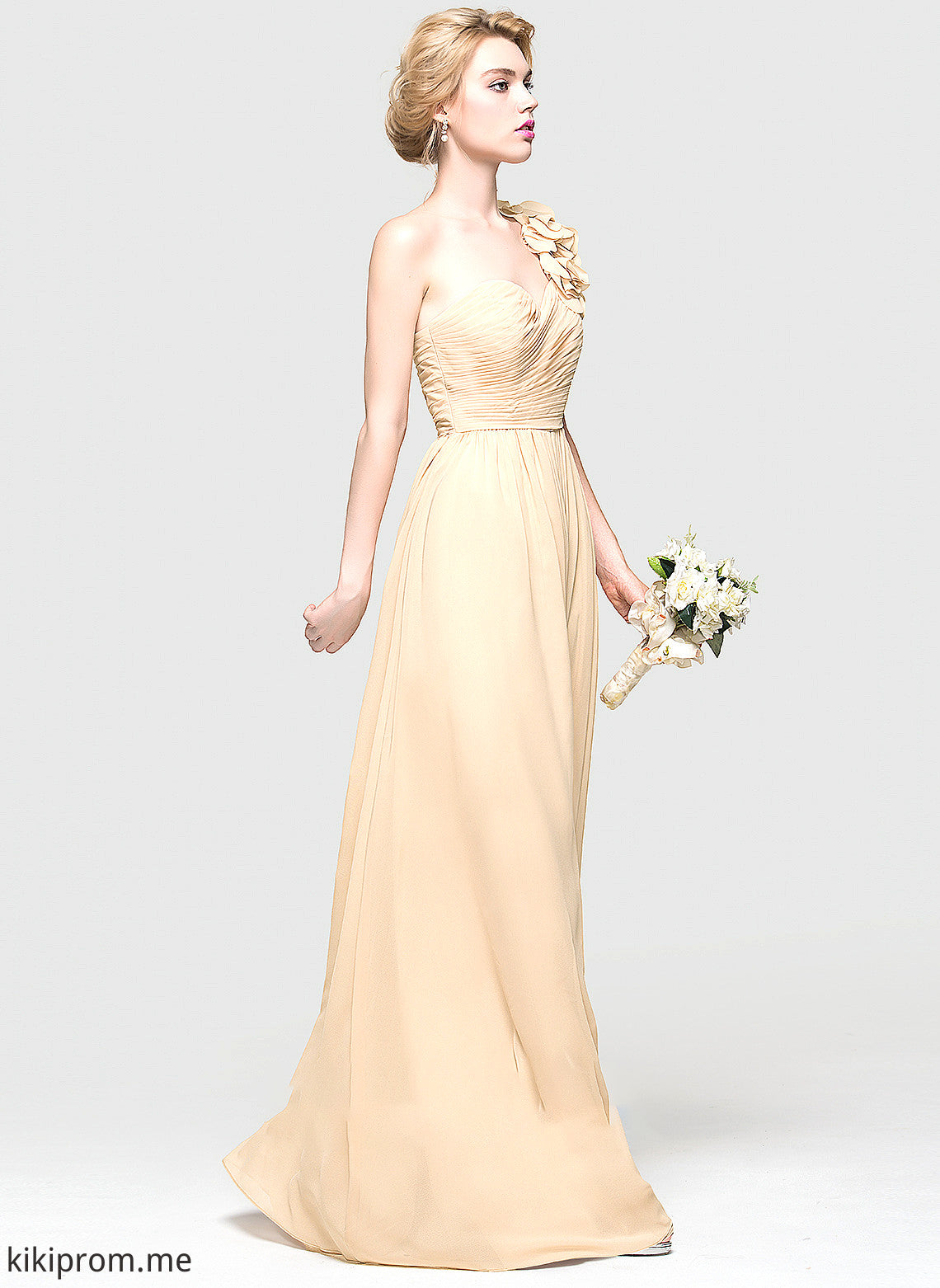 A-Line Kailey Floor-Length One-Shoulder Flower(s) Prom Dresses With Chiffon Ruffle