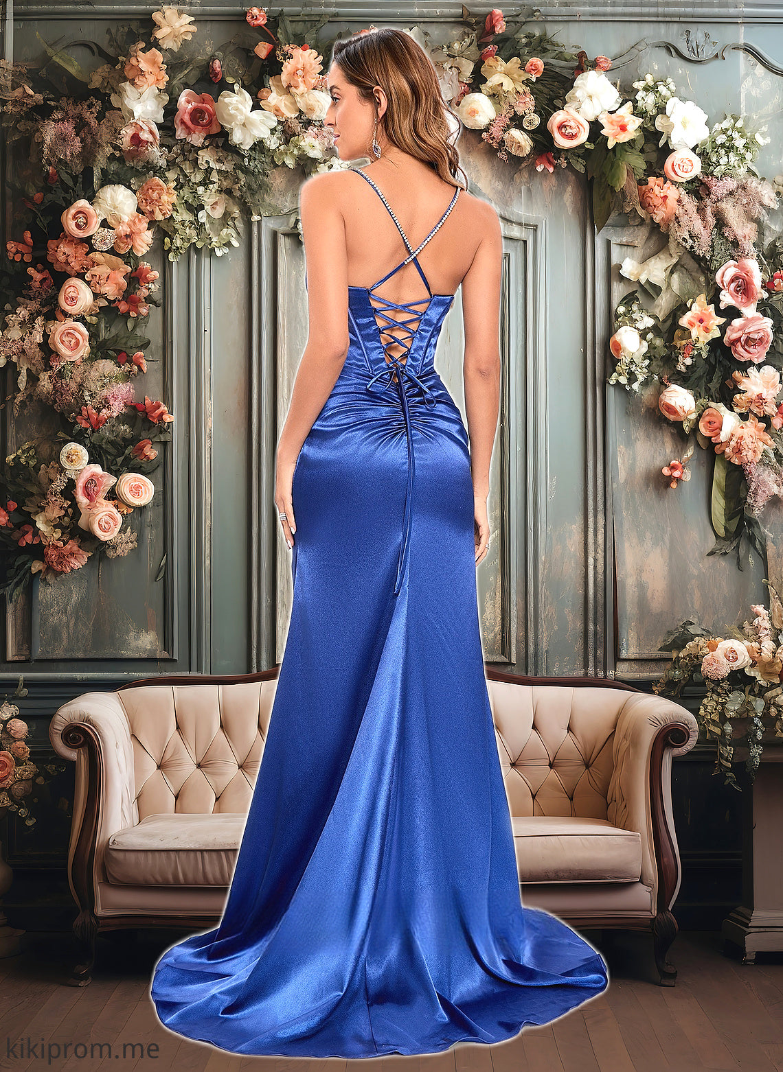 Maribel Trumpet/Mermaid Straight Sweep Train Stretch Satin Prom Dresses With Rhinestone HFP0025861