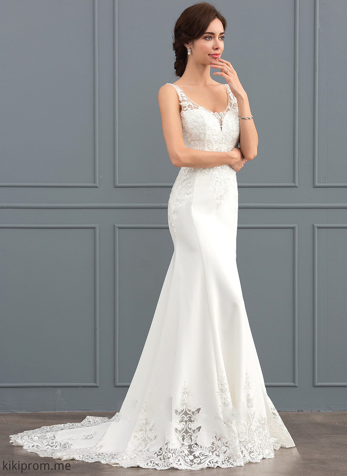 With Crepe Presley Dress Train Trumpet/Mermaid Lace Wedding Dresses Stretch V-neck Wedding Sequins Court