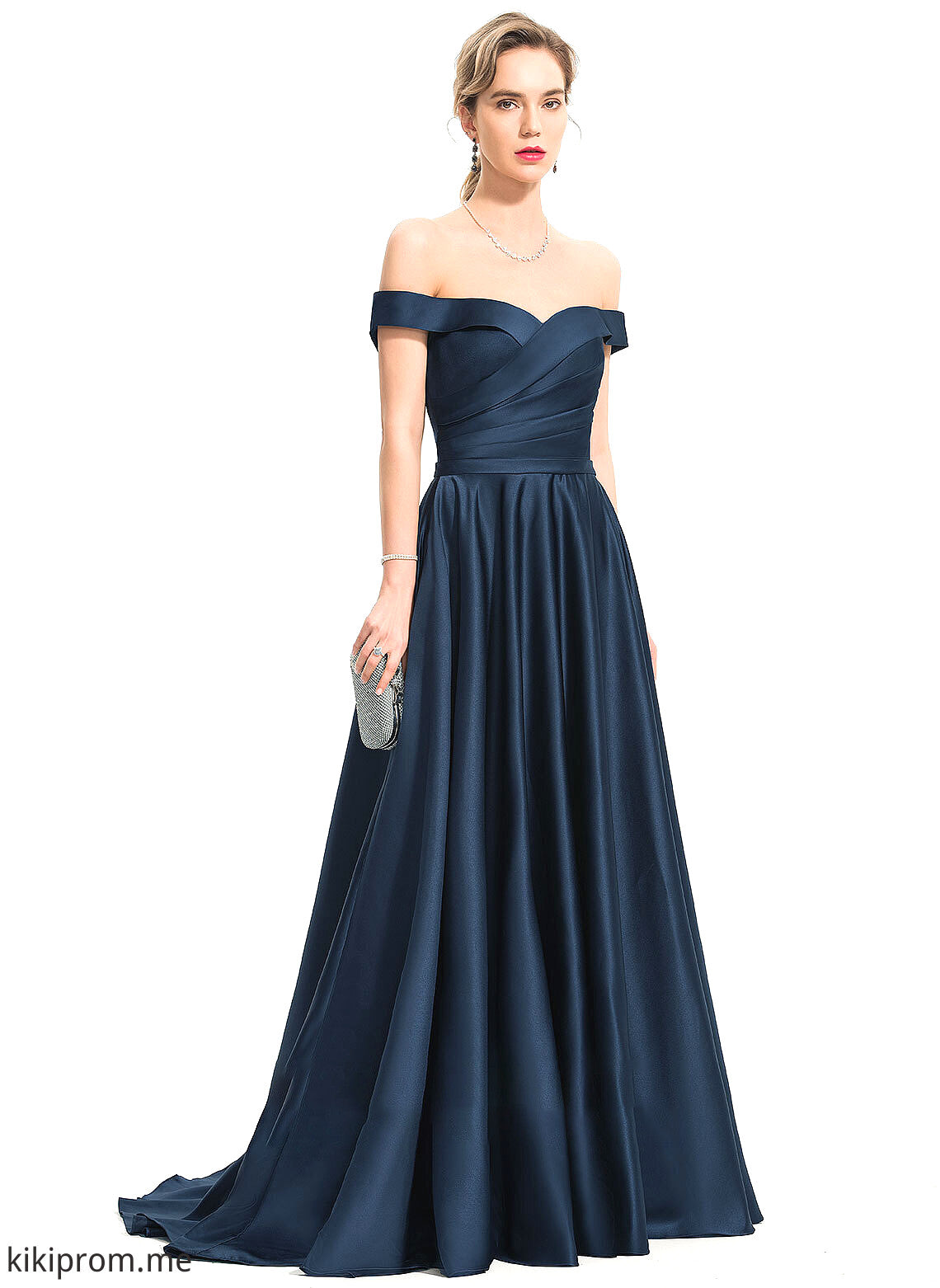 With Pockets Prom Dresses Off-the-Shoulder Sweep Satin A-Line Keely Train