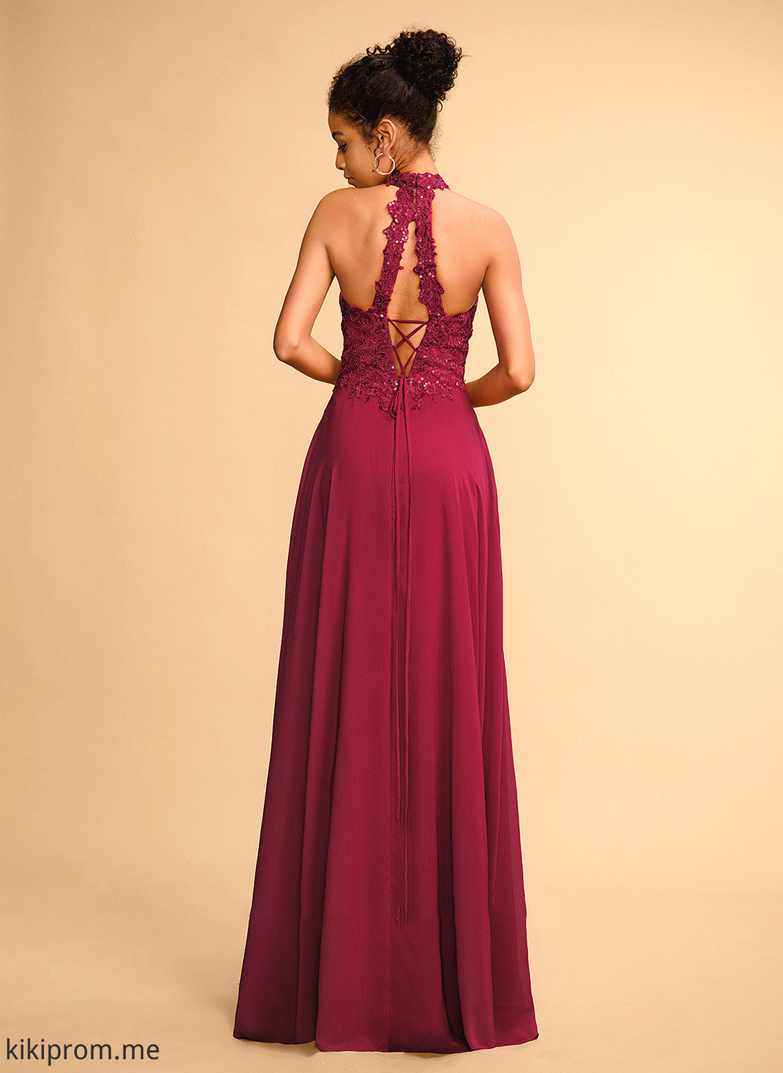 Lace A-Line Sequins Saige With Floor-Length Prom Dresses Chiffon Halter