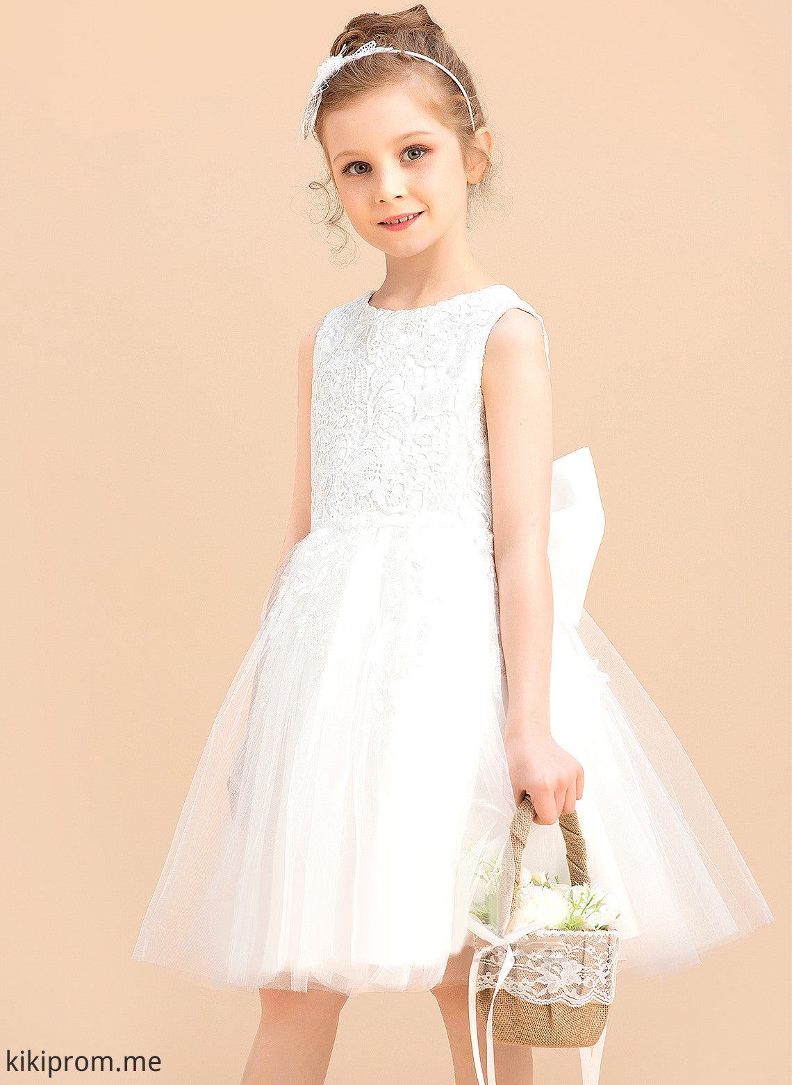 Flower Girl Dresses A-Line Tulle/Lace Scoop - Lace/Bow(s) With Flower Girl Dress Sleeveless Tia Neck Knee-length