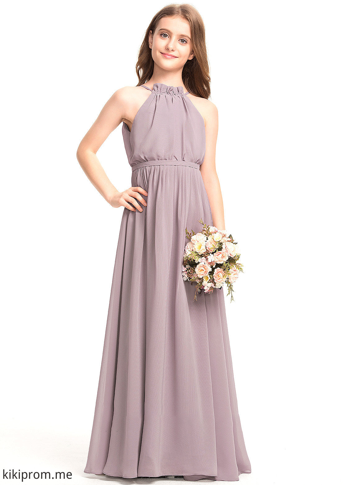 With A-Line Neck Cascading Floor-Length Jayleen High Chiffon Junior Bridesmaid Dresses Ruffles Bow(s)