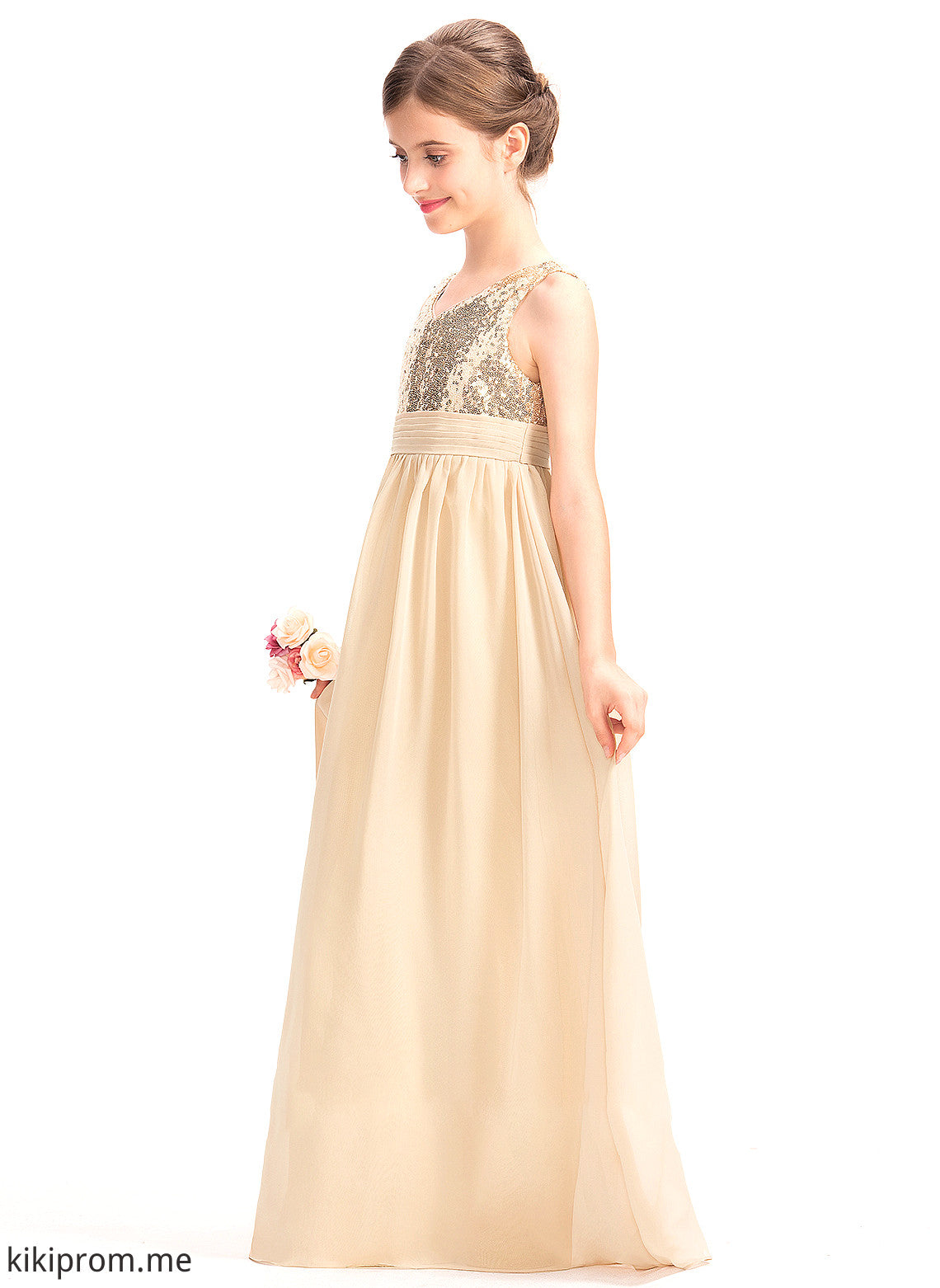 With V-neck Chiffon Ruffle Junior Bridesmaid Dresses Rory A-Line Floor-Length Sequined