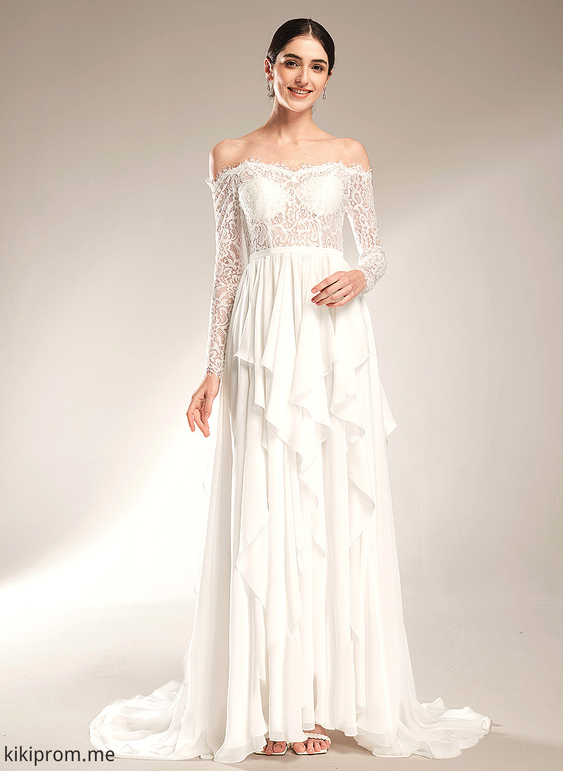 A-Line Court Wedding Dresses Train Chiffon Wedding With Lace Off-the-Shoulder Aaliyah Ruffle Dress