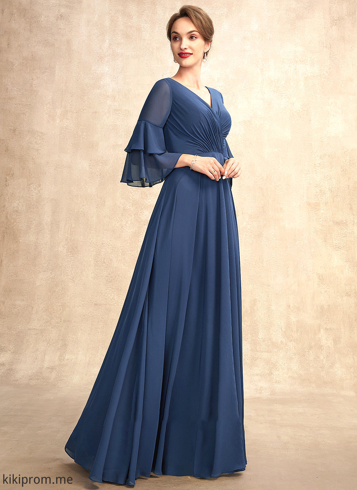 Adelyn Ruffles Mother of the Bride Dresses Mother Floor-Length Dress Chiffon the Cascading With V-neck of A-Line Bride