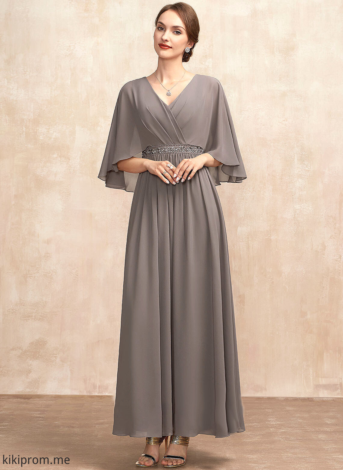 of Ankle-Length A-Line Chiffon Mother Beading Bride Dress Ruffle Mother of the Bride Dresses the V-neck With Bianca