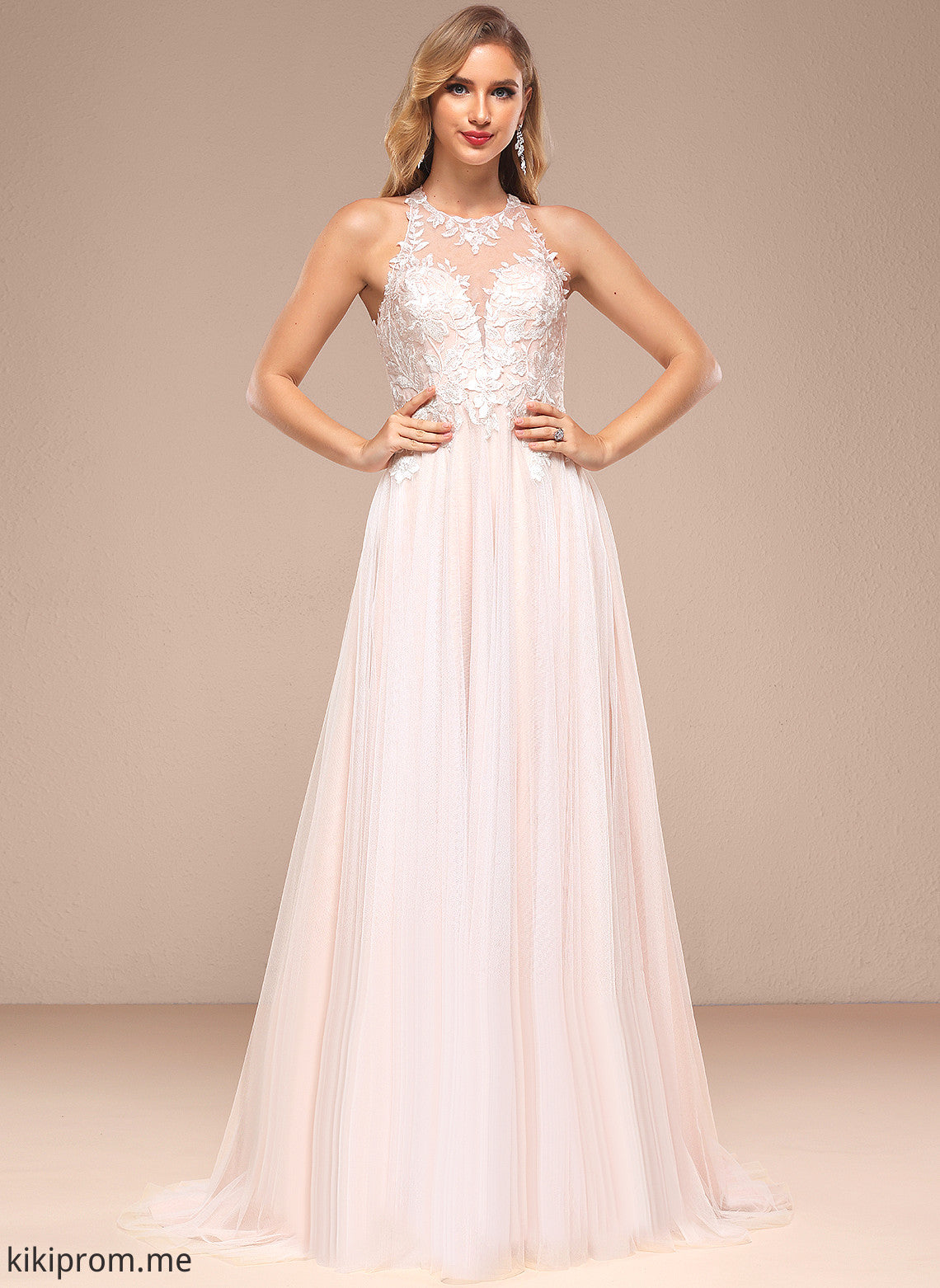 A-Line Wedding Dresses Train Dress Sweep Halter Sequins Beading Lana Wedding With Lace Tulle