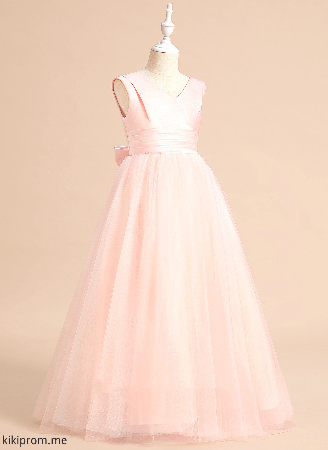 Noelle Sleeveless Bow(s) Floor-length Ball-Gown/Princess With Satin/Tulle - Flower Girl V-neck Flower Girl Dresses Dress