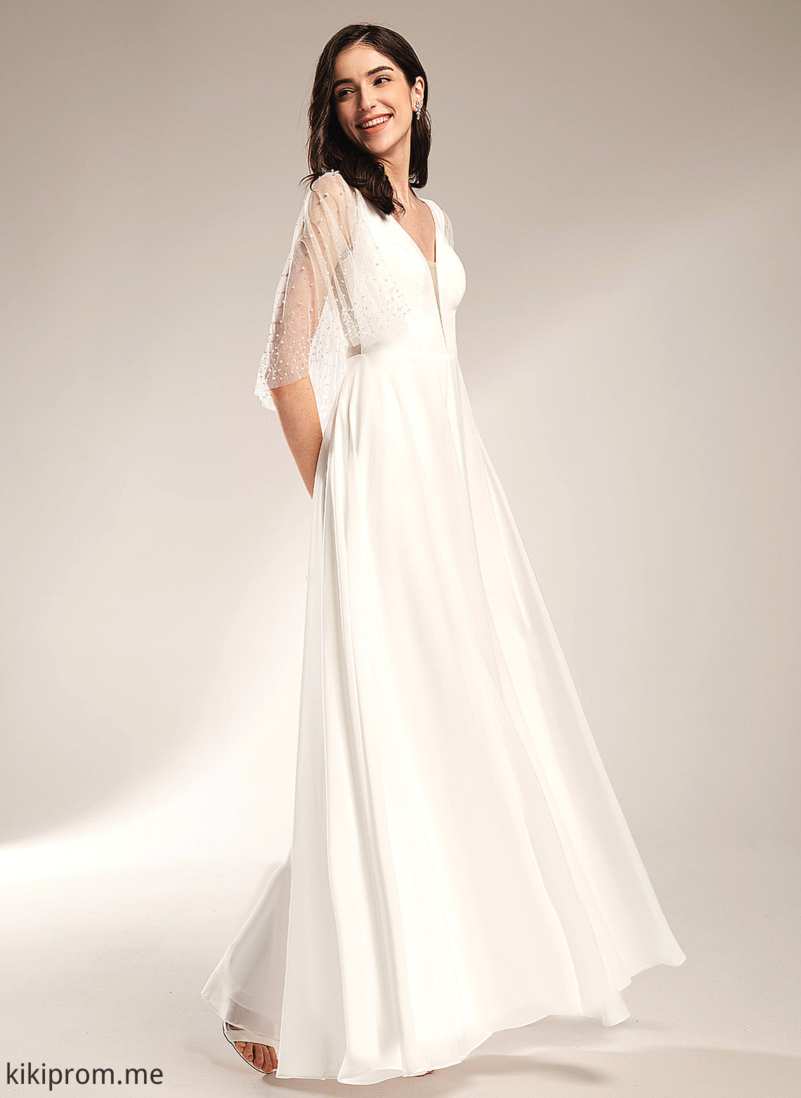 V-neck Floor-Length Wedding A-Line Beading With Dress Wedding Dresses Chiffon Cindy