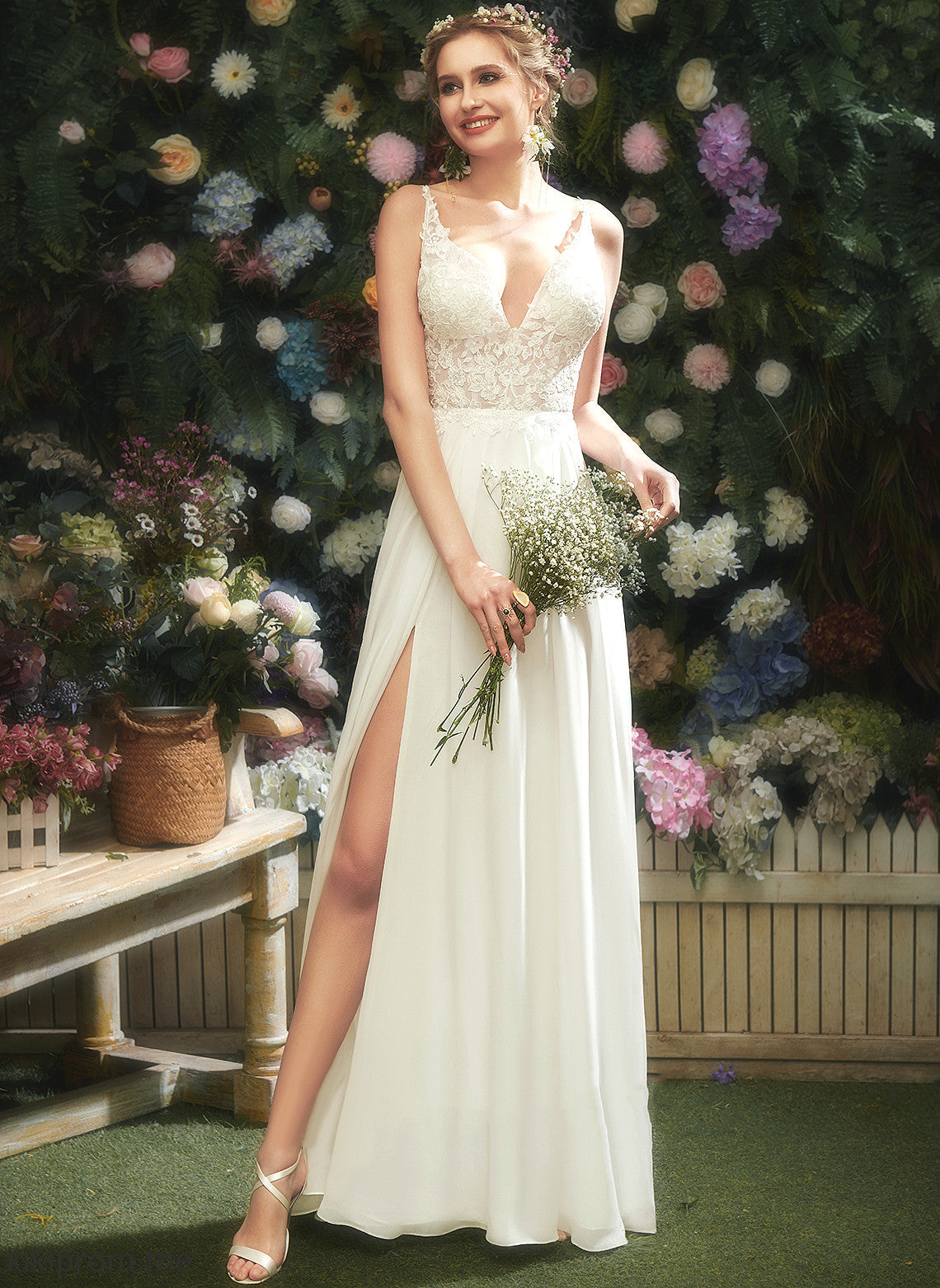 Wedding Lace Chiffon Front With Split Floor-Length V-neck A-Line Lace Dress Wedding Dresses Ariana