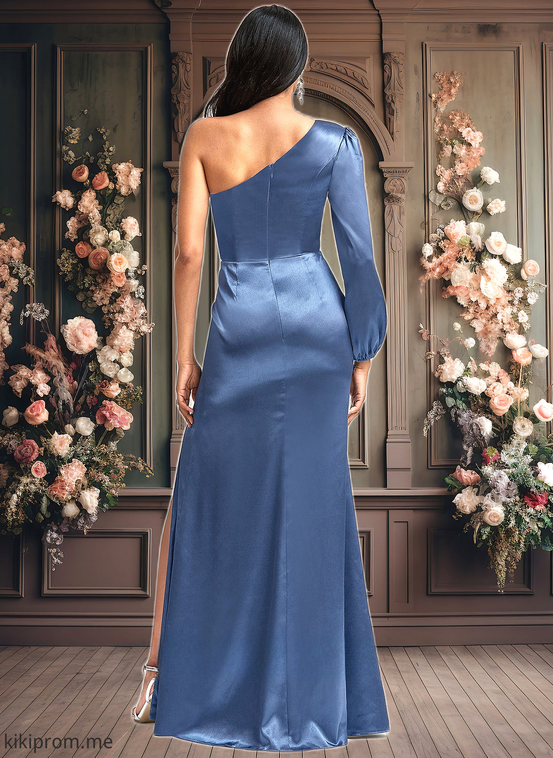 Jazmine A-line One Shoulder Floor-Length Stretch Satin Bridesmaid Dress With Bow HFP0025730