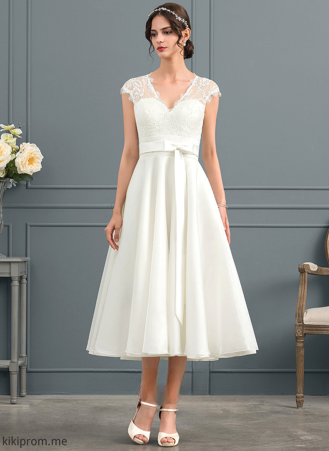 Bow(s) Tea-Length Lace With Satin Dress Wedding A-Line V-neck Fatima Wedding Dresses