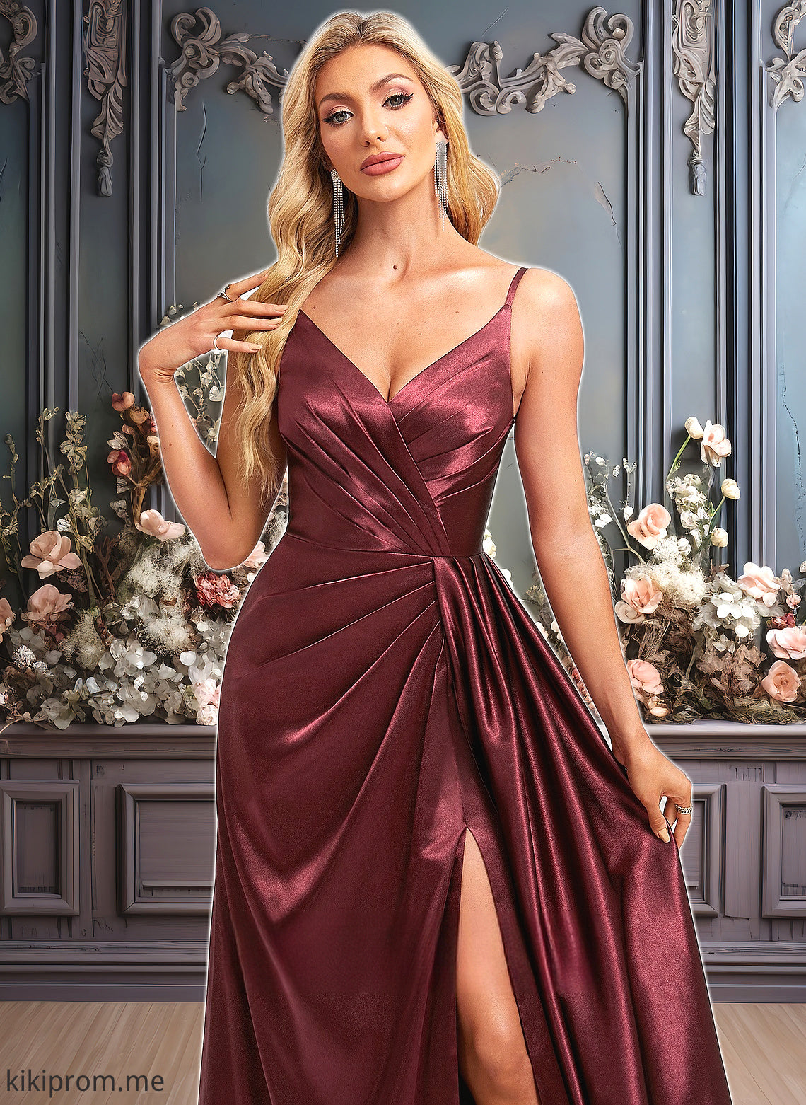 Nadine A-line V-Neck Floor-Length Stretch Satin Bridesmaid Dress With Ruffle HFP0025785