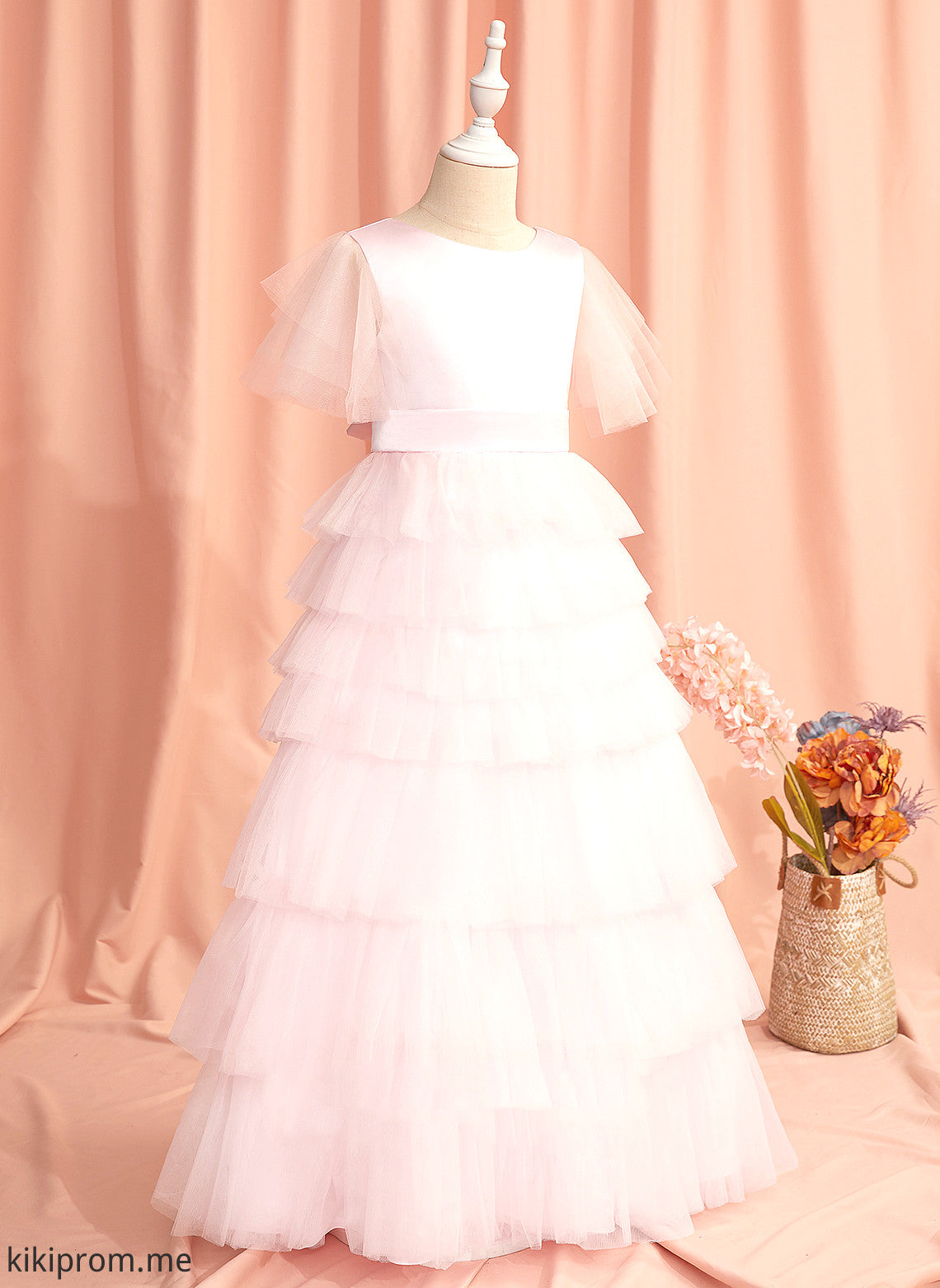 Dress Flower Girl Dresses Cadence Flower - Short Sleeves Back Scoop Floor-length Neck Tulle Girl With Ruffles/V Ball-Gown/Princess