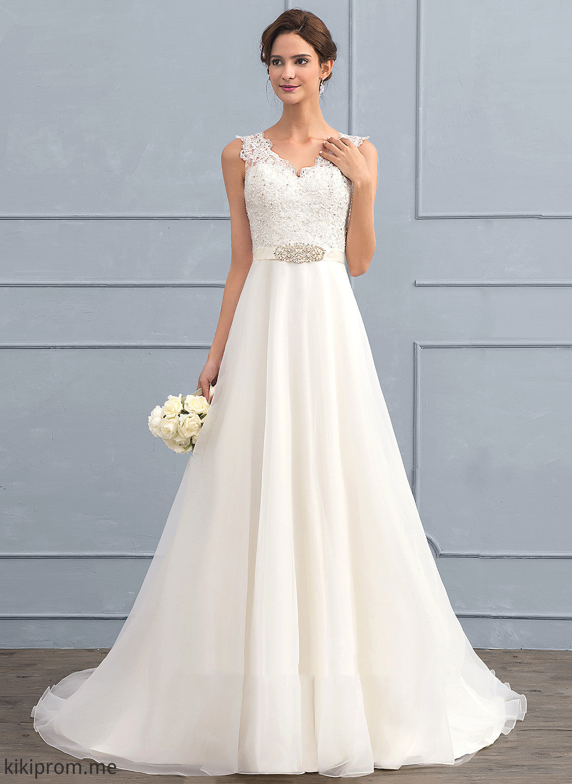 V-neck Organza Faith Train A-Line Lace Wedding Dresses Sweep Beading Bow(s) Dress With Wedding