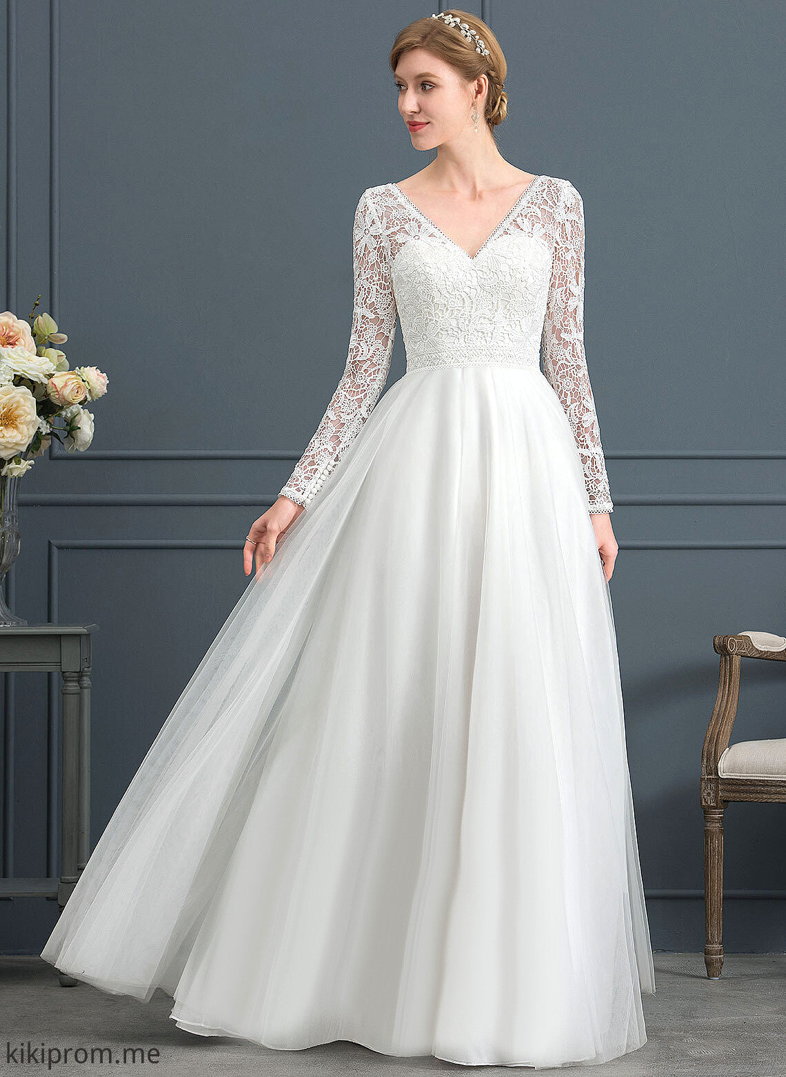 Wedding Dresses A-Line Floor-Length Wedding Jessica V-neck Lace Tulle Dress