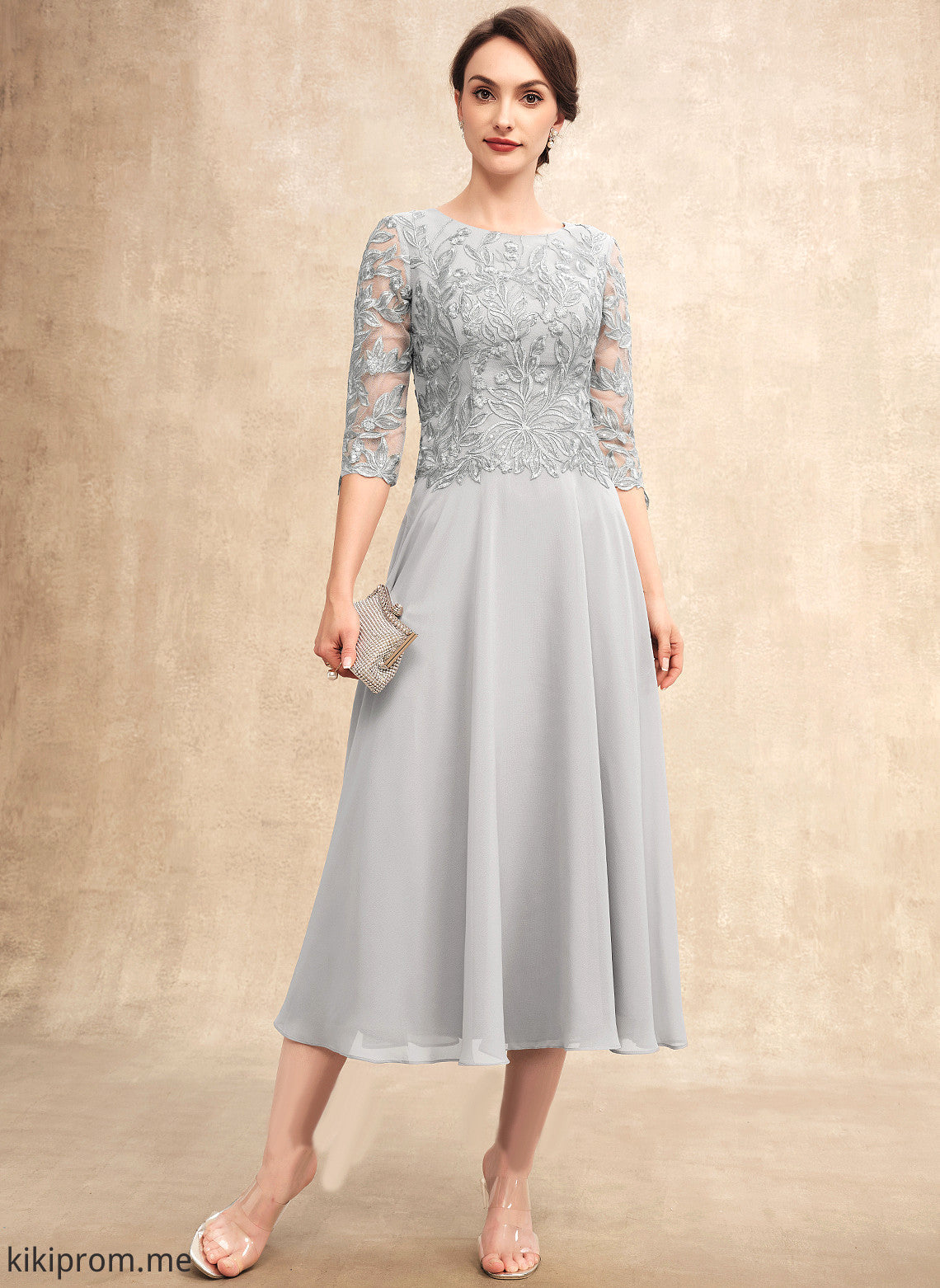 With Mother of the Bride Dresses Neck Chiffon Tea-Length Bride Lily Lace Dress Scoop of Sequins Mother A-Line the