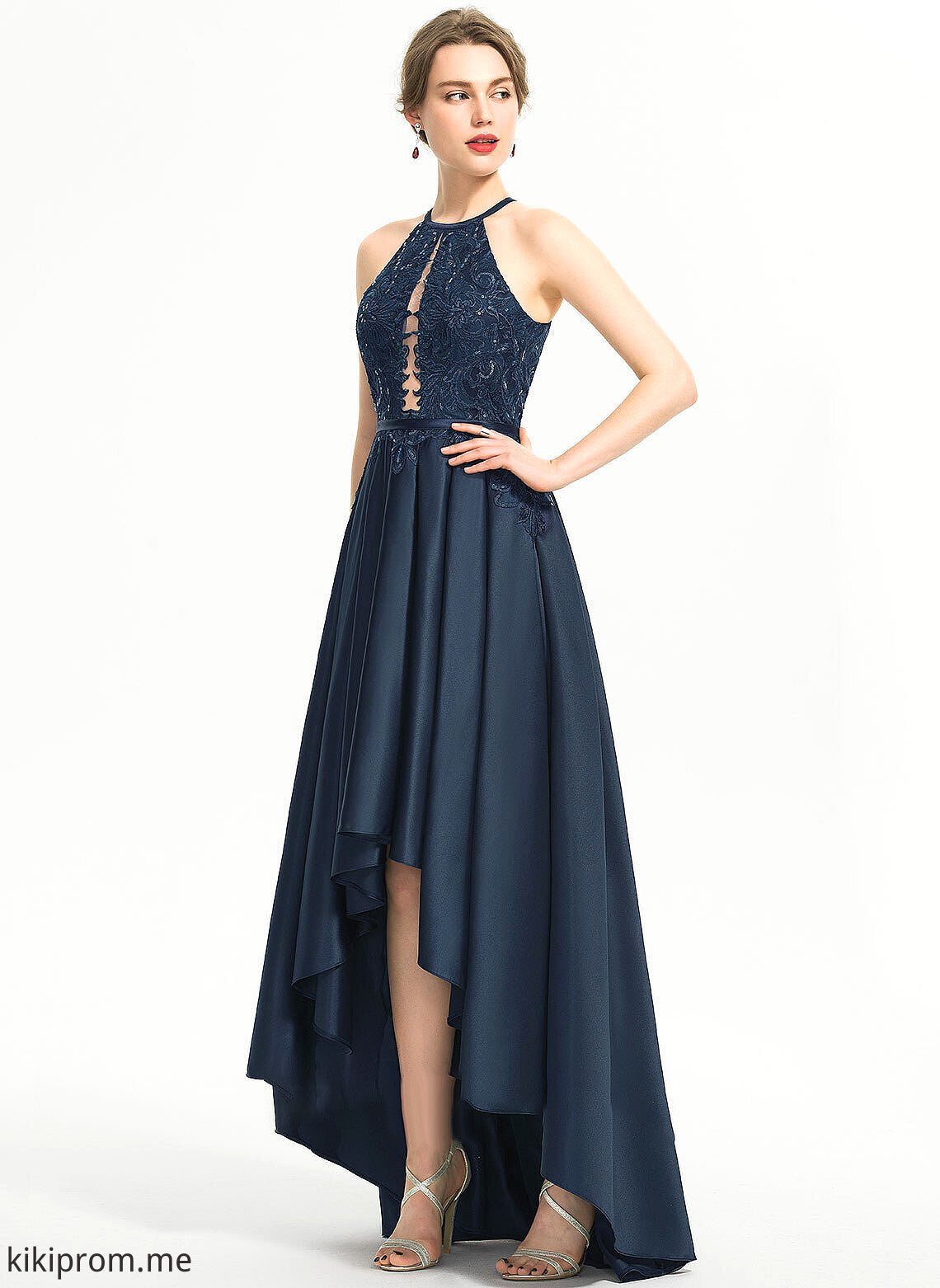 With A-Line Kathleen Satin Sequins Prom Dresses Scoop Neck Asymmetrical