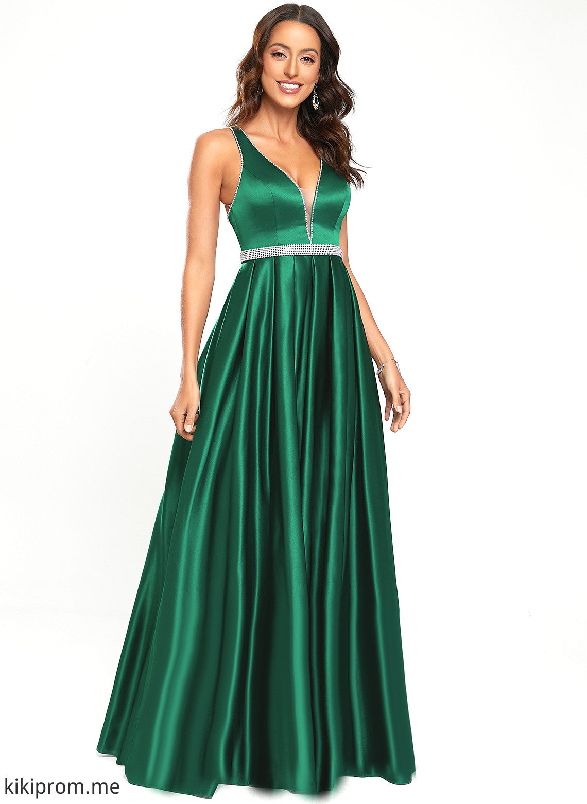 With Prom Dresses A-Line Morgan Satin Beading V-neck Floor-Length