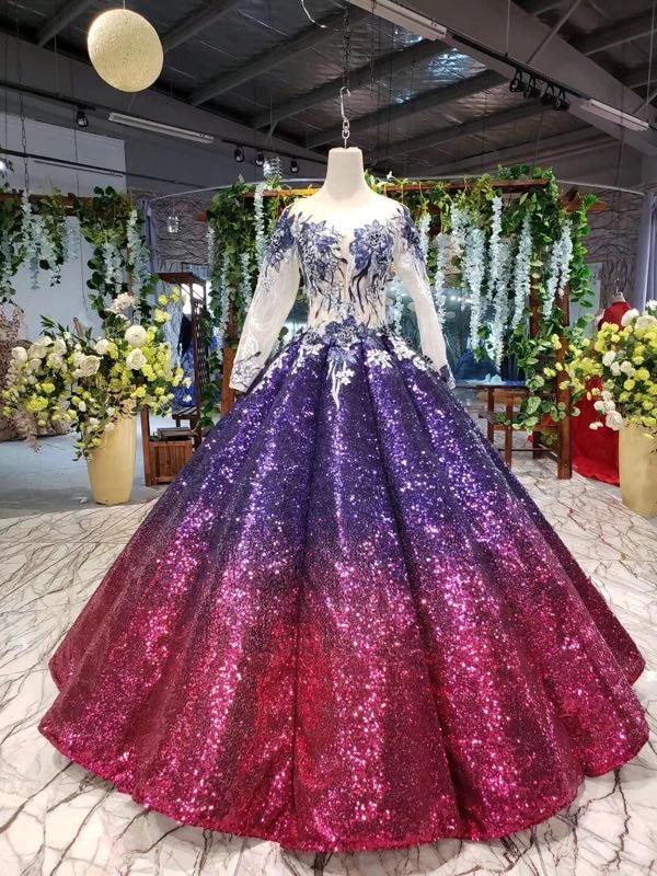 Ball Gown Ombre Sparkly Long Sleeve Sequins Prom Dresses, Quinceanera Dresses STF15066