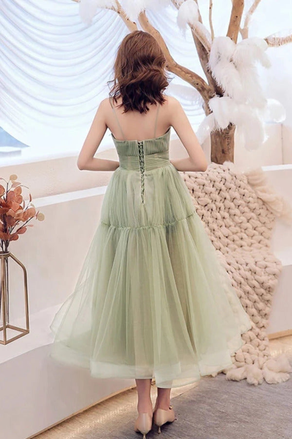 Simple Tulle Spaghetti Strap Sleeveless Pleated Prom Dresses A Line PBYXNERL