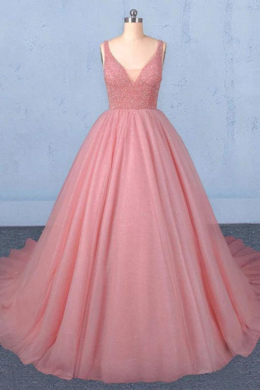 Ball Gown V Neck Tulle Prom Dress with Beads, Puffy Pink Sleeveless Quinceanera Dresses STF15074