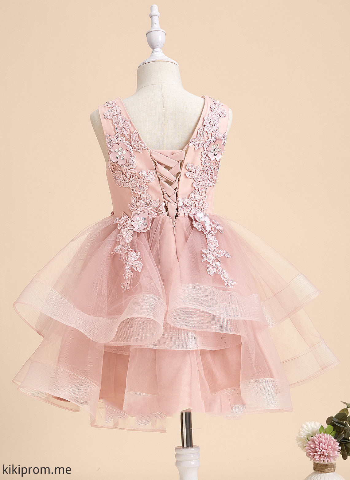 Flower Girl Dresses Sleeveless Beading/Flower(s)/Sequins Tulle/Lace Dress - V-neck With Flower A-Line Knee-length Jaylene Girl