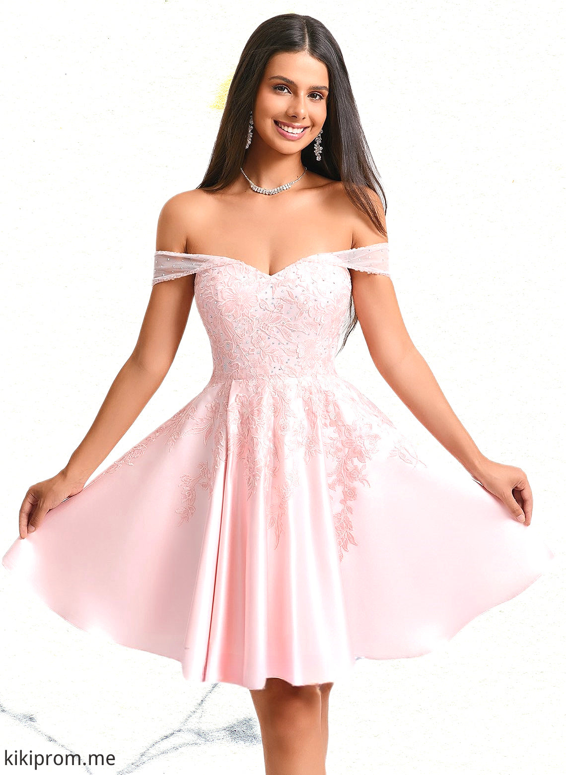 Erica A-line Off the Shoulder Short Satin Homecoming Dress With Rhinestone Beading Appliques Lace HFP0025679