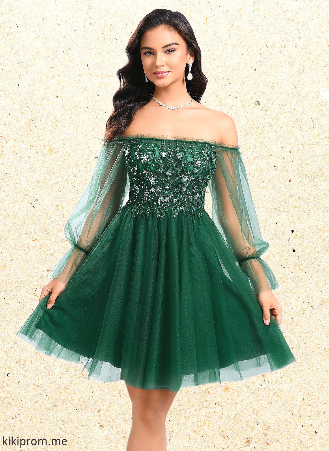 Uerica A-line Off the Shoulder Short Tulle Homecoming Dress With Sequins Appliques Lace HFP0025663