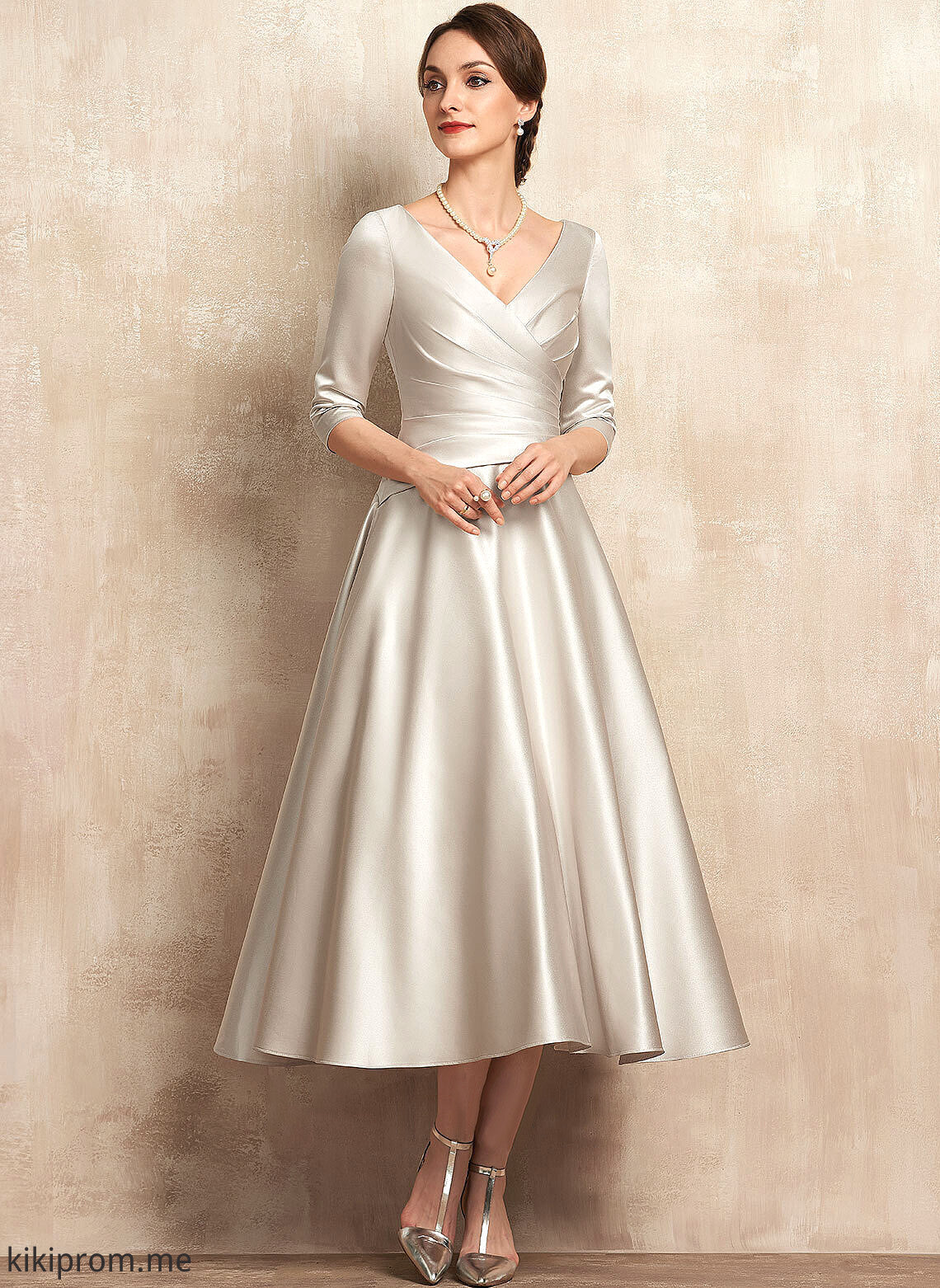 Bride Dress Ruffle A-Line Tea-Length of V-neck Mother With the Ashtyn Satin Mother of the Bride Dresses