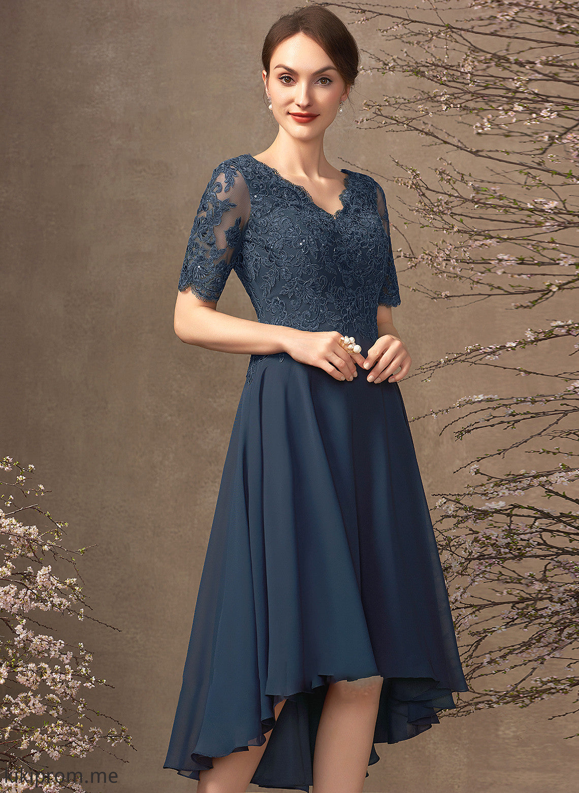 With Sequins Chiffon Lace A-Line Mother of V-neck Dress Mother of the Bride Dresses the Asymmetrical Rhoda Bride