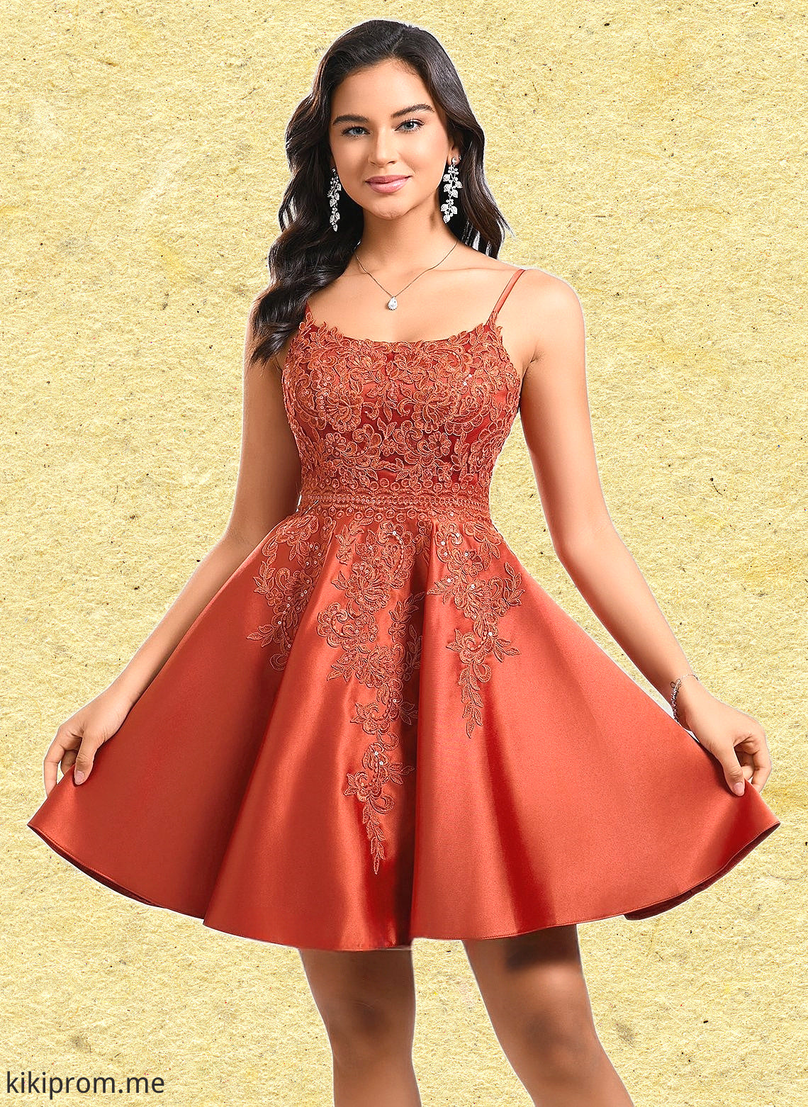 Jamiya A-line Scoop Short Satin Lace Homecoming Dress With Sequins HFP0025683