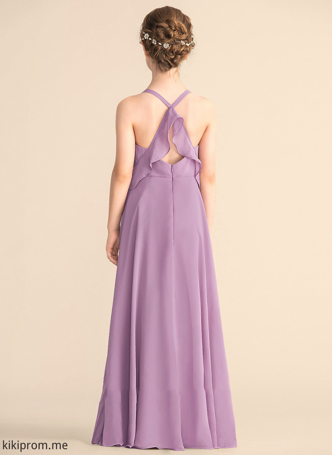 With Junior Bridesmaid Dresses Chiffon V-neck A-Line Floor-Length Cascading Ruffles Dixie