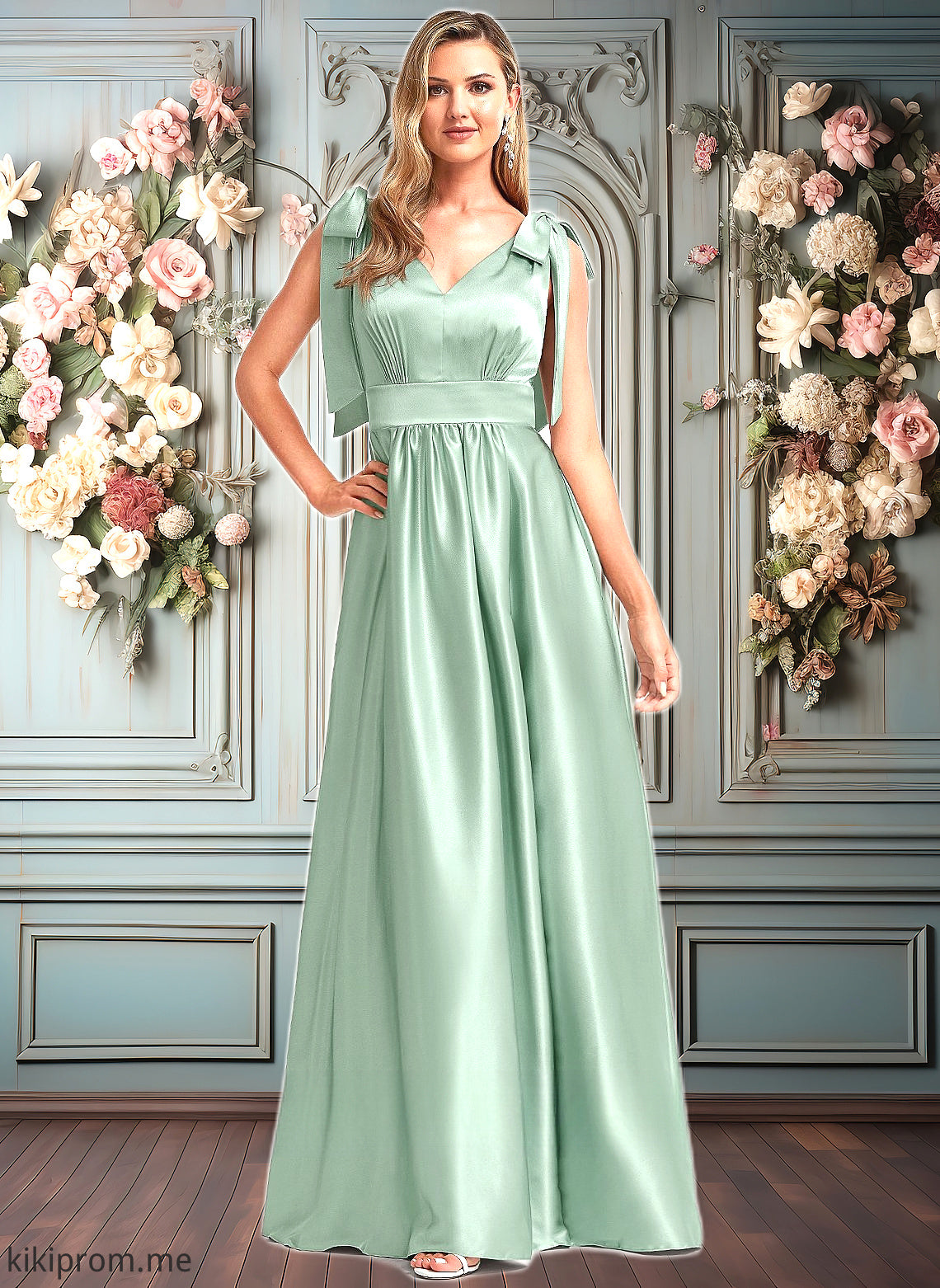 Norah A-line V-Neck Floor-Length Stretch Satin Bridesmaid Dress With Bow HFP0025737