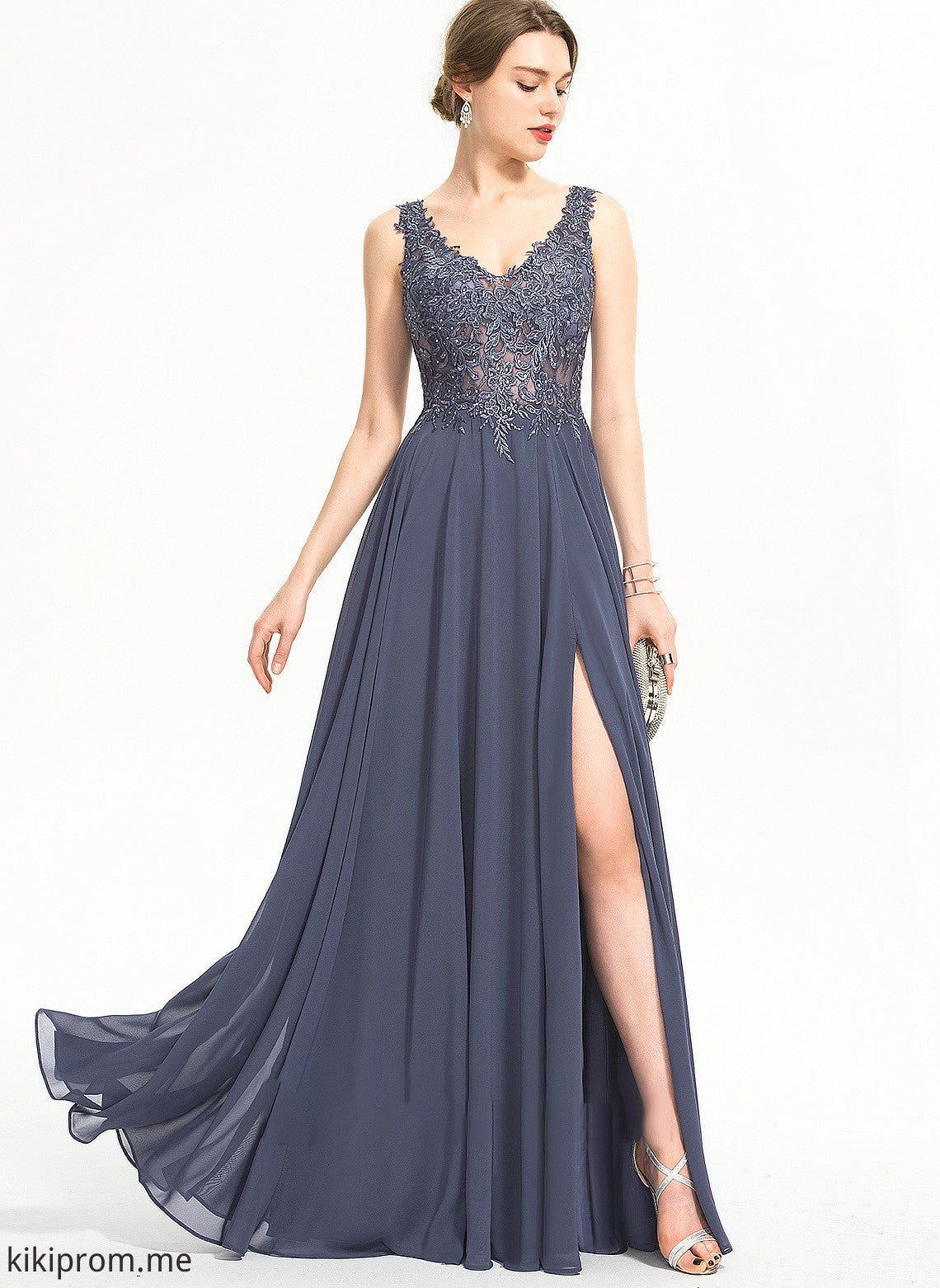 With Chiffon Sequins Split V-neck A-Line Prom Dresses Beading Front Ciara Floor-Length