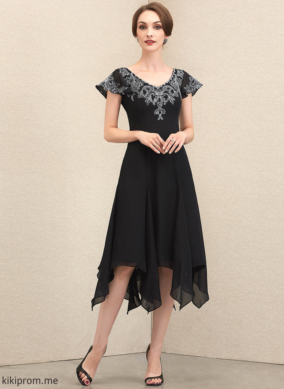 V-neck Sequins the Chiffon A-Line of Dress Tea-Length With Bride Mother Yoselin Mother of the Bride Dresses Lace