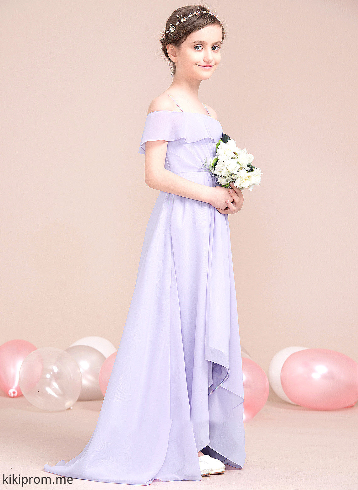 With Junior Bridesmaid Dresses Asymmetrical Catalina Cascading A-Line Ruffles Chiffon Off-the-Shoulder