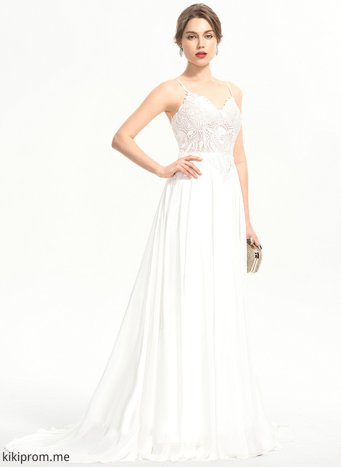 Sweep Front Train Karla Lace Wedding A-Line Wedding Dresses V-neck Dress With Split Chiffon