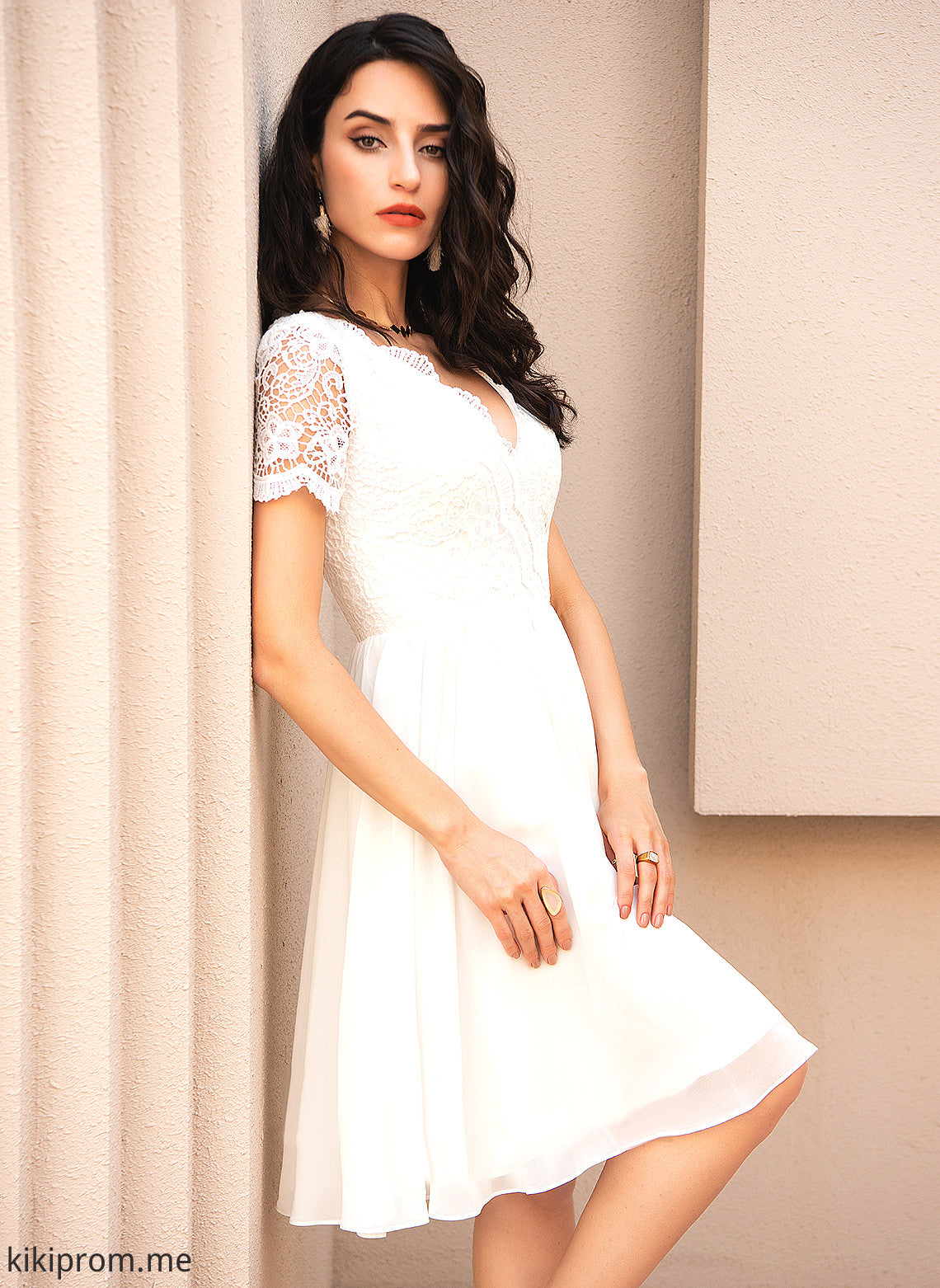 Lace Dress Wedding Dresses A-Line Chiffon Janelle Knee-Length Wedding V-neck