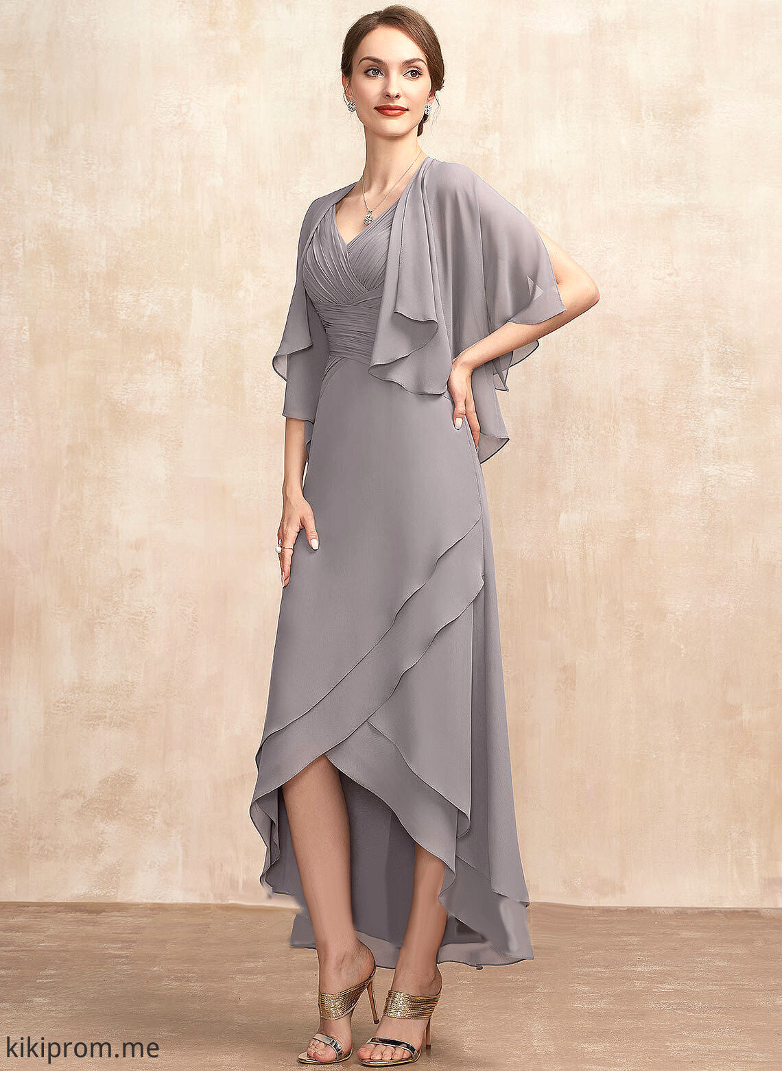 of Asymmetrical Mother Carmen Chiffon Ruffle Bride Dress A-Line Mother of the Bride Dresses the V-neck With