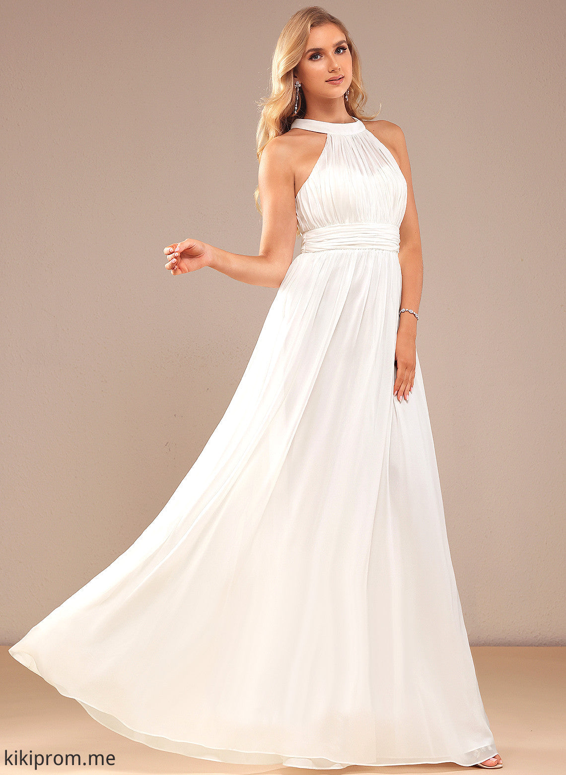 Wedding Dress Leila A-Line High Wedding Dresses Chiffon Floor-Length Ruffle With Neck