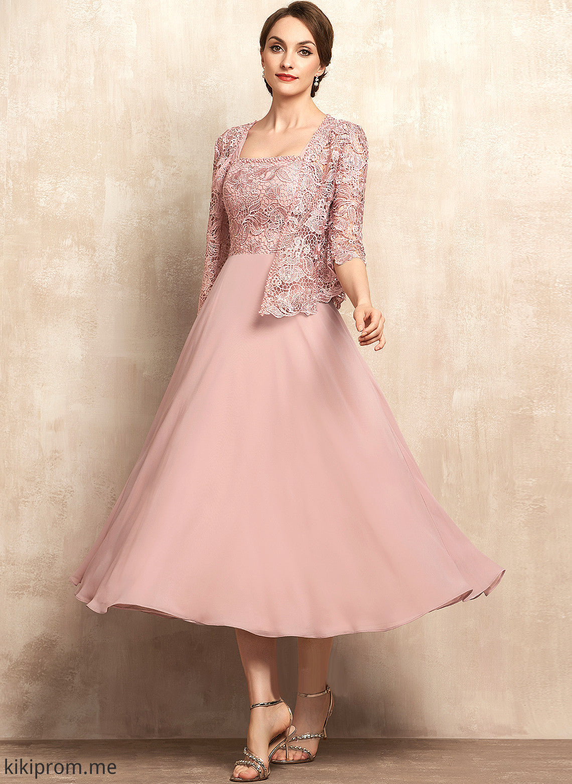 Lace Mother of the Bride Dresses Square Beading A-Line the of With Neckline Londyn Dress Chiffon Bride Tea-Length Sequins Mother