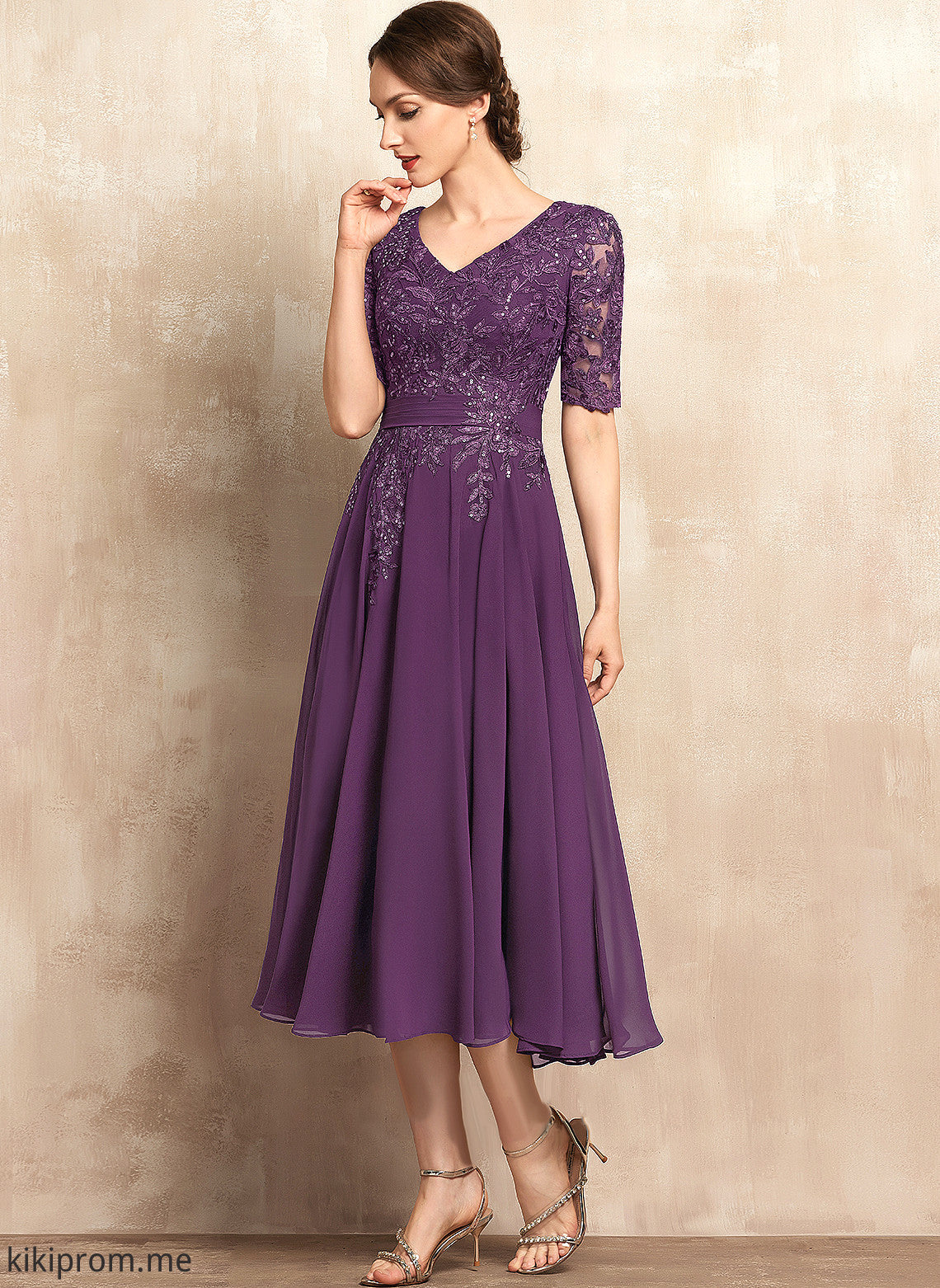 of Sequins Tea-Length V-neck Mother Mother of the Bride Dresses the Chiffon Adrienne A-Line Bride With Lace Dress