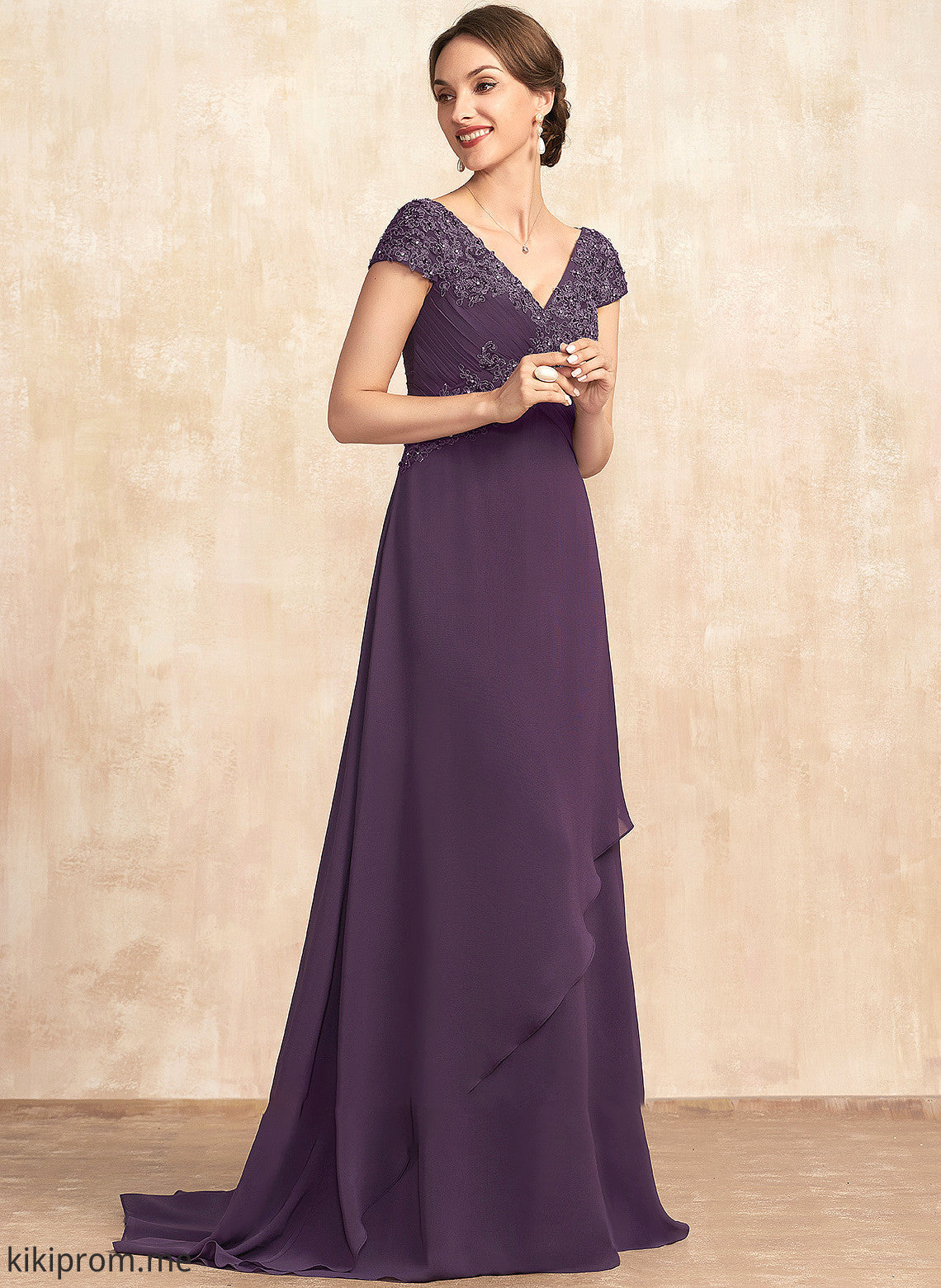 the Bride Mother of the Bride Dresses of Sweep A-Line Train Chiffon V-neck Beading Dress With Lace Ruffle Mother Ryan