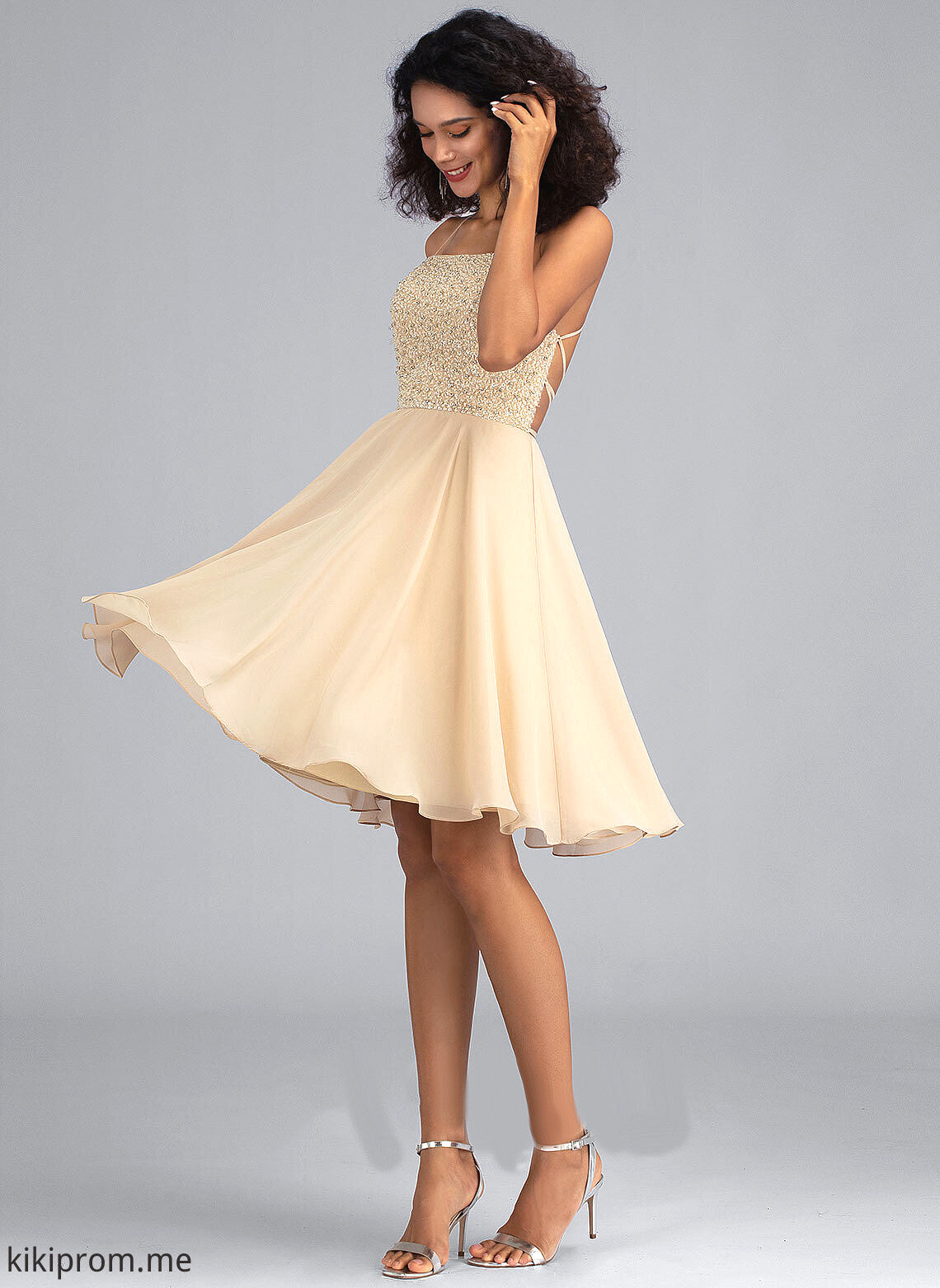 Square Knee-Length Homecoming Dress Beading A-Line Chiffon Homecoming Dresses Priscilla Neckline With Sequins